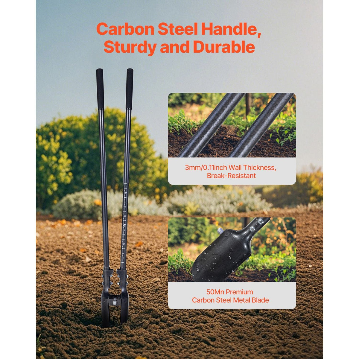 Post Hole Digger, Heavy Duty Post Hole Digger with Carbon Steel Handle, Manual Hole Digger with Scale Markings and Metal Blade, Post Hole Digger Tool for Digging Gardening Outdoors, 57.5-Inch