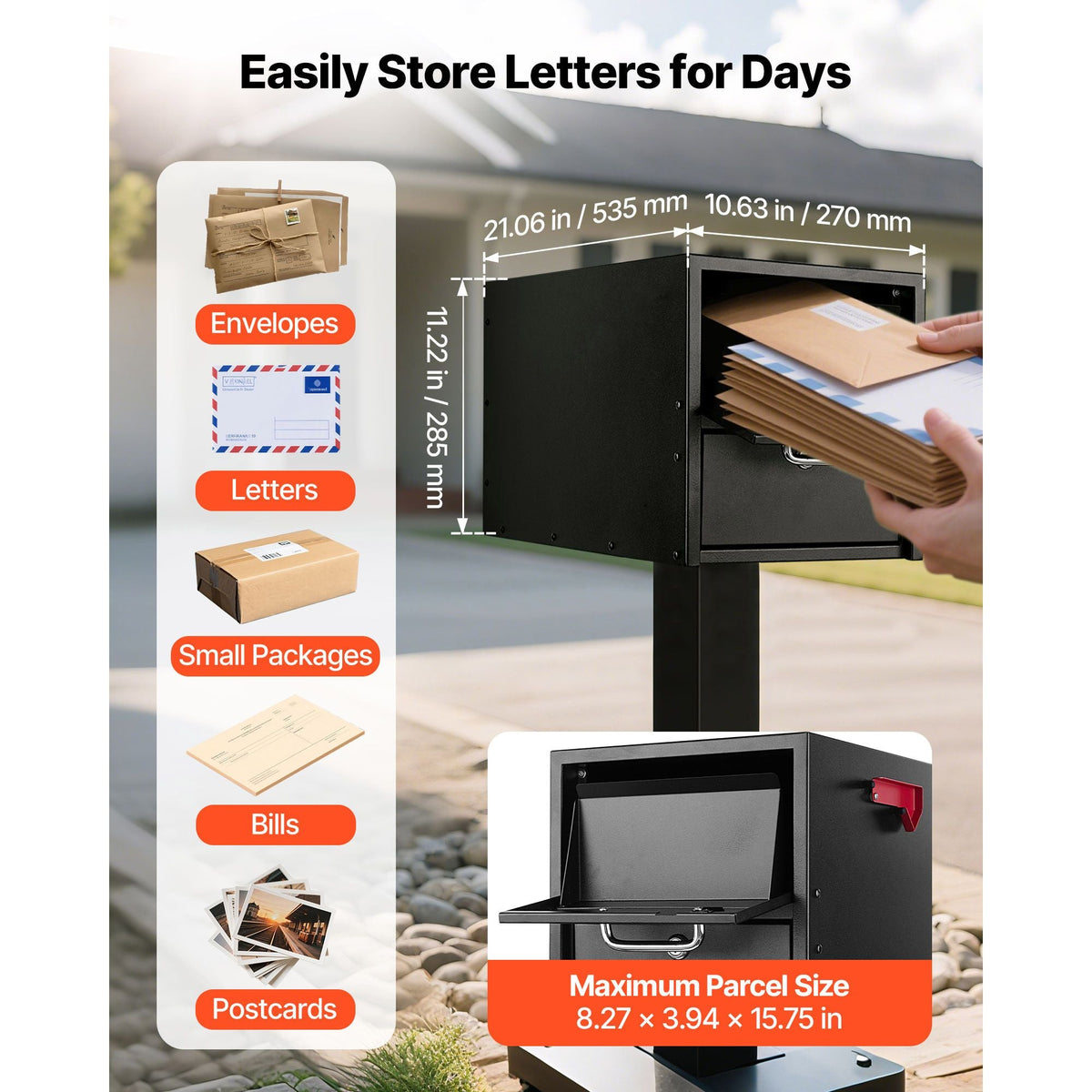 Post Mount Mailbox, Anti-Pry & Anti-Theft Mailboxes for Outside, Heavy Duty Lockable Mail Box with Magnetic Door, Weather-Resistant Metal Post Box for House Outside 21.06 x 10.63 x 11.22 in