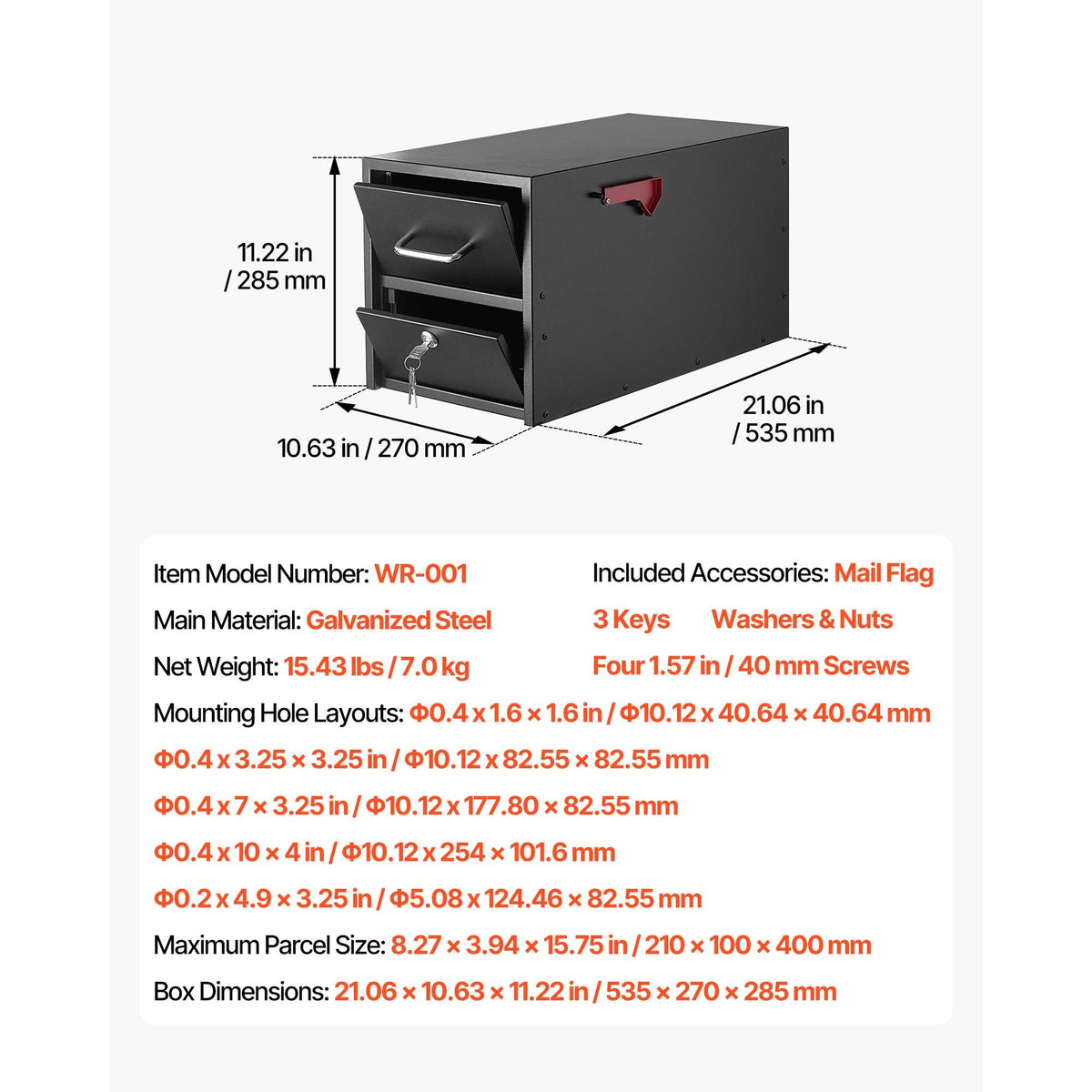 Post Mount Mailbox, Anti-Pry & Anti-Theft Mailboxes for Outside, Heavy Duty Lockable Mail Box with Magnetic Door, Weather-Resistant Metal Post Box for House Outside 21.06 x 10.63 x 11.22 in