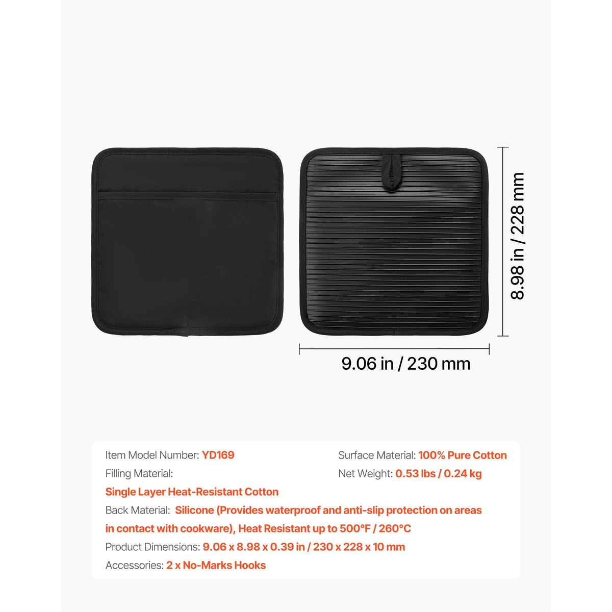 Pot Holders, Heat Resistant to 500 Fahrenheit with Ribbed Soft Anti-Slip Silicone Strips, 100% Cotton 9.06 x 8.98 inch Hot Pads with 2 No-Marks Hooks, Washable Pot Trivets for Barbeque, 2 Pack