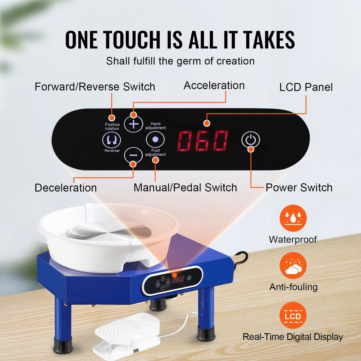 Pottery Wheel, 10 in Ceramic Wheel Forming Machine, 60-300 RPM Adjustable Speed with Foot Pedal, ABS Detachable Basin, Manual LCD Panel, Sculpting Tool and Apron, for Home Pottery Craft DIY