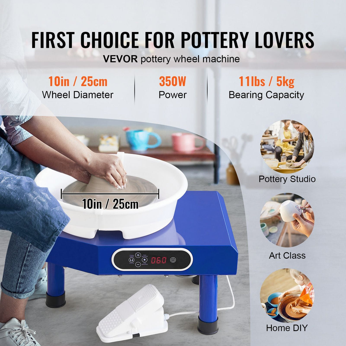 Pottery Wheel, 10 in Ceramic Wheel Forming Machine, 60-300 RPM Adjustable Speed with Foot Pedal, ABS Detachable Basin, Manual LCD Panel, Sculpting Tool and Apron, for Home Pottery Craft DIY