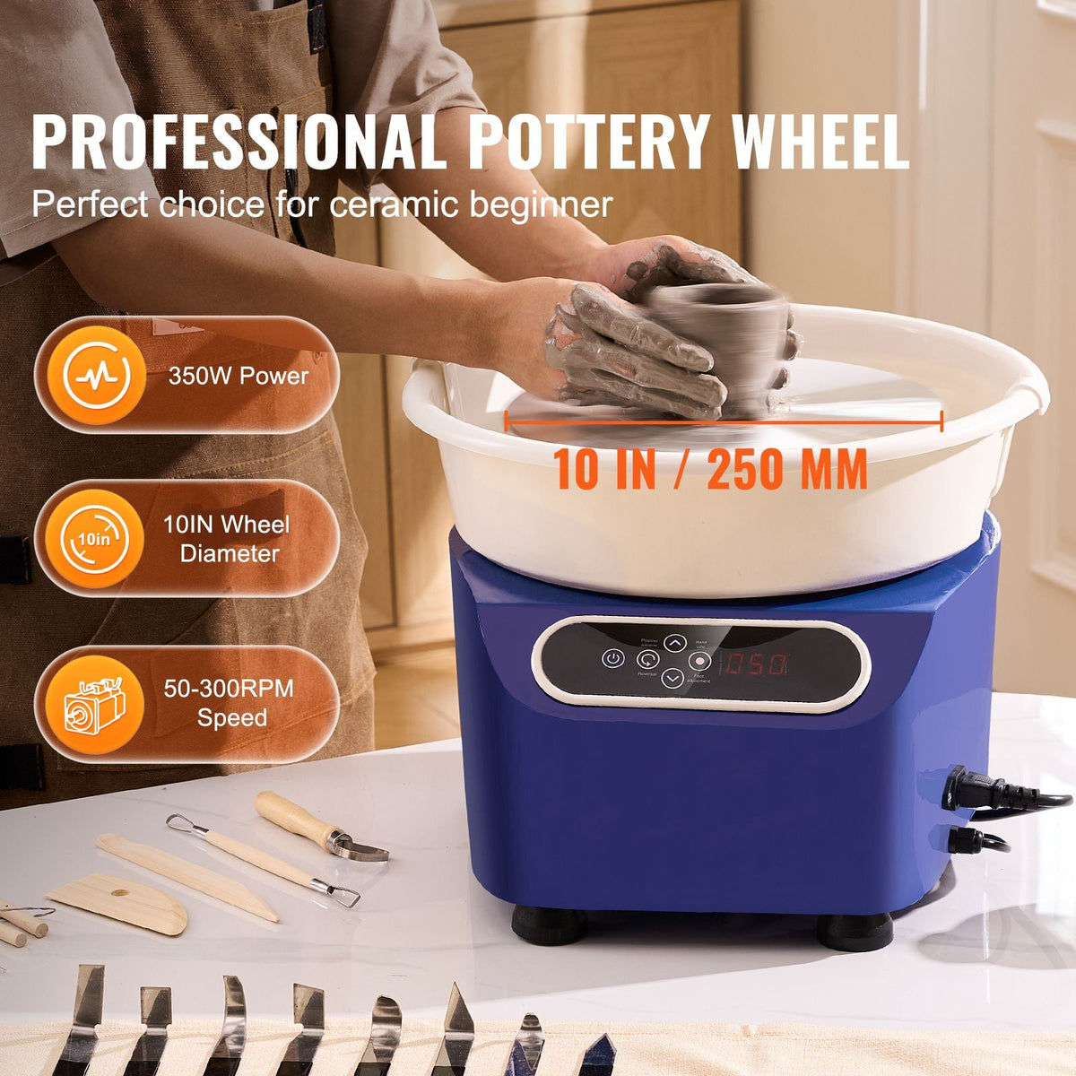 Pottery Wheel, 10 inch Pottery Forming Machine, 350W Electric Wheel for Pottery with Foot Pedal and LCD Touch Screen, Direct Drive Ceramic Wheel with Shaping Tools for DIY Art Craft, Blue