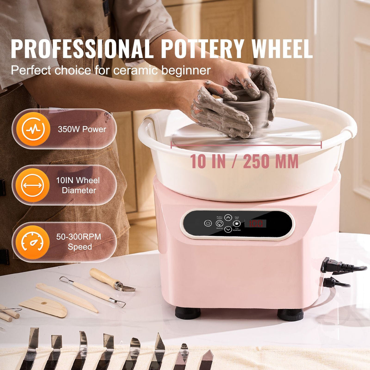 Pottery Wheel, 10 inch Pottery Forming Machine, 350W Electric Wheel for Pottery with Foot Pedal and LCD Touch Screen, Direct Drive Ceramic Wheel with Shaping Tools for DIY Art Craft, Pink