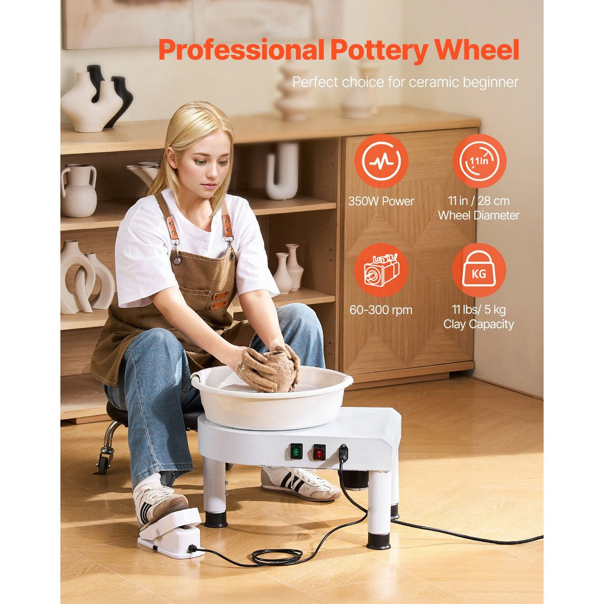 Pottery Wheel, 11 in Ceramic Wheel Forming Machine, 60-300 RPM Adjustable Speed with Foot Pedal Control, Detachable Basin, Adjustable Lift Leg, Complete Accessories for Home Pottery, DIY, White