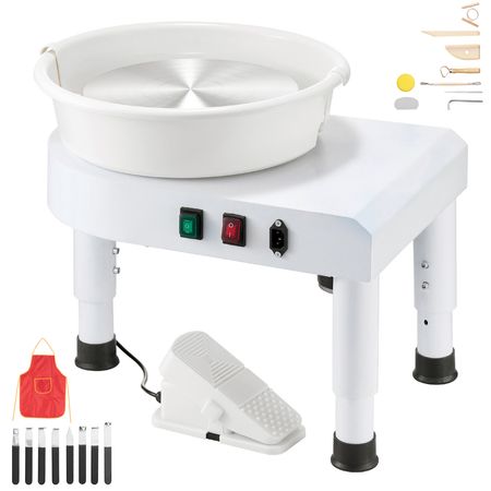 Pottery Wheel, 11 in Ceramic Wheel Forming Machine, 60-300 RPM Adjustable Speed with Foot Pedal Control, Detachable Basin, Adjustable Lift Leg, Complete Accessories for Home Pottery, DIY, White