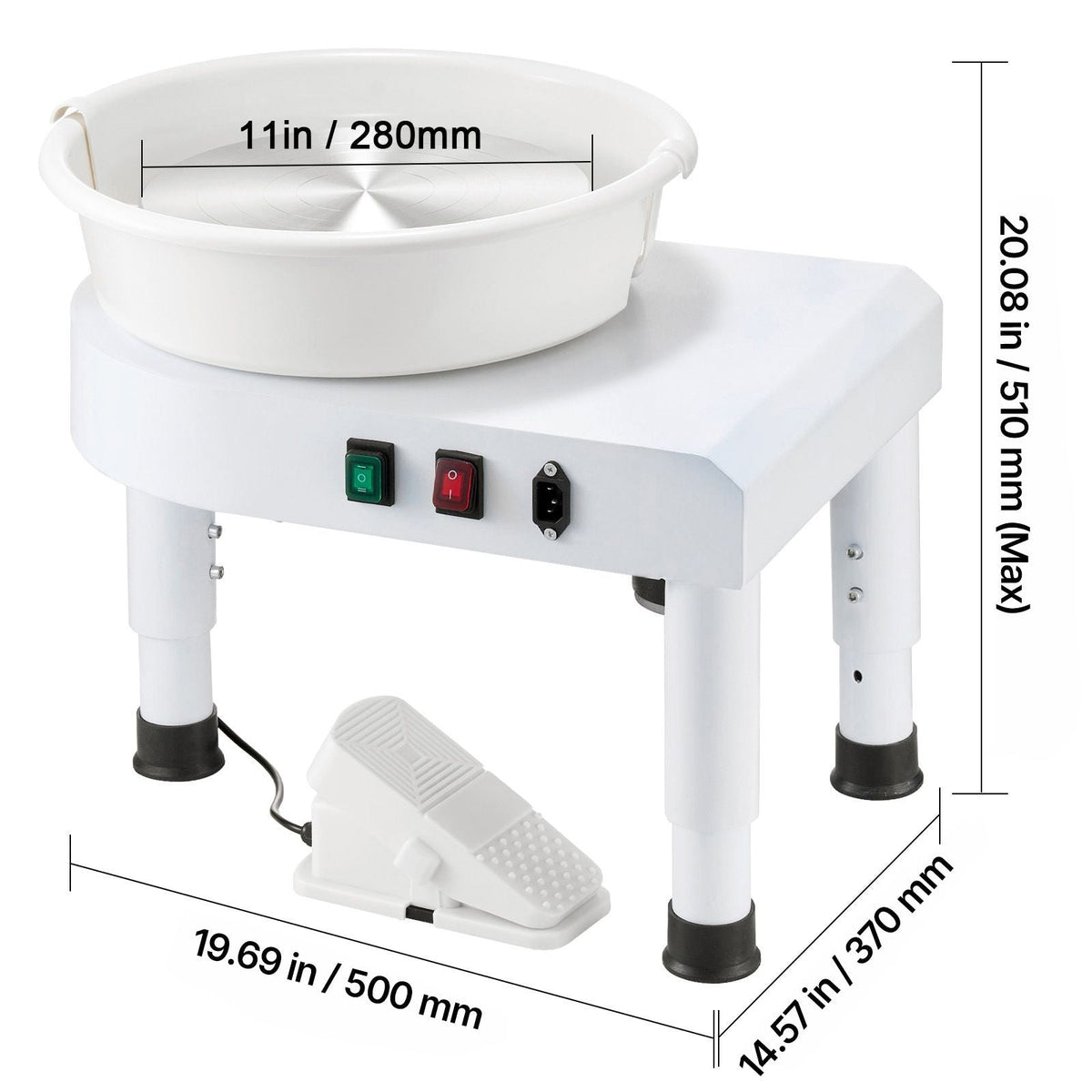 Pottery Wheel, 11 in Ceramic Wheel Forming Machine, 60-300 RPM Adjustable Speed with Foot Pedal Control, Detachable Basin, Adjustable Lift Leg, Complete Accessories for Home Pottery, DIY, White