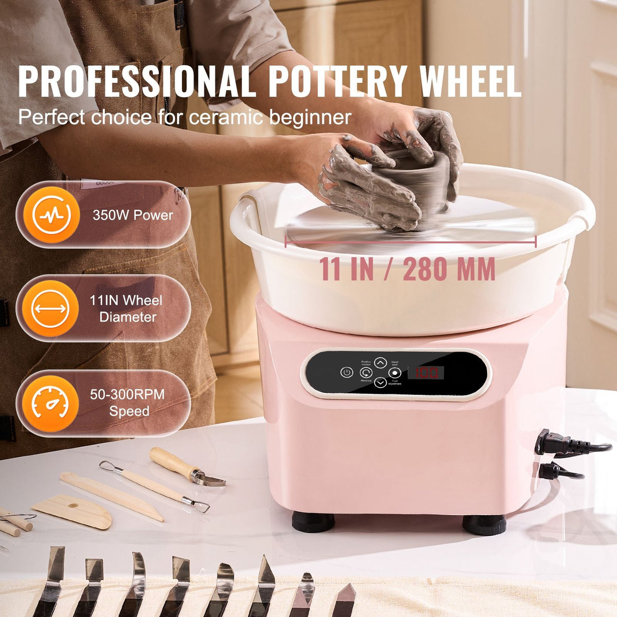 Pottery Wheel, 11 inch Pottery Forming Machine, 350W Electric Wheel for Pottery with Foot Pedal and LCD Touch Screen, Direct Drive Ceramic Wheel with Shaping Tools for DIY Art Craft, Pink