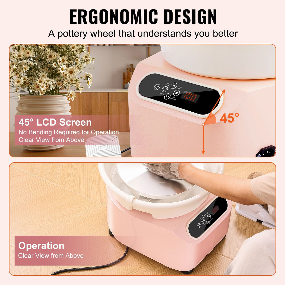 Pottery Wheel, 11 inch Pottery Forming Machine, 350W Electric Wheel for Pottery with Foot Pedal and LCD Touch Screen, Direct Drive Ceramic Wheel with Shaping Tools for DIY Art Craft, Pink