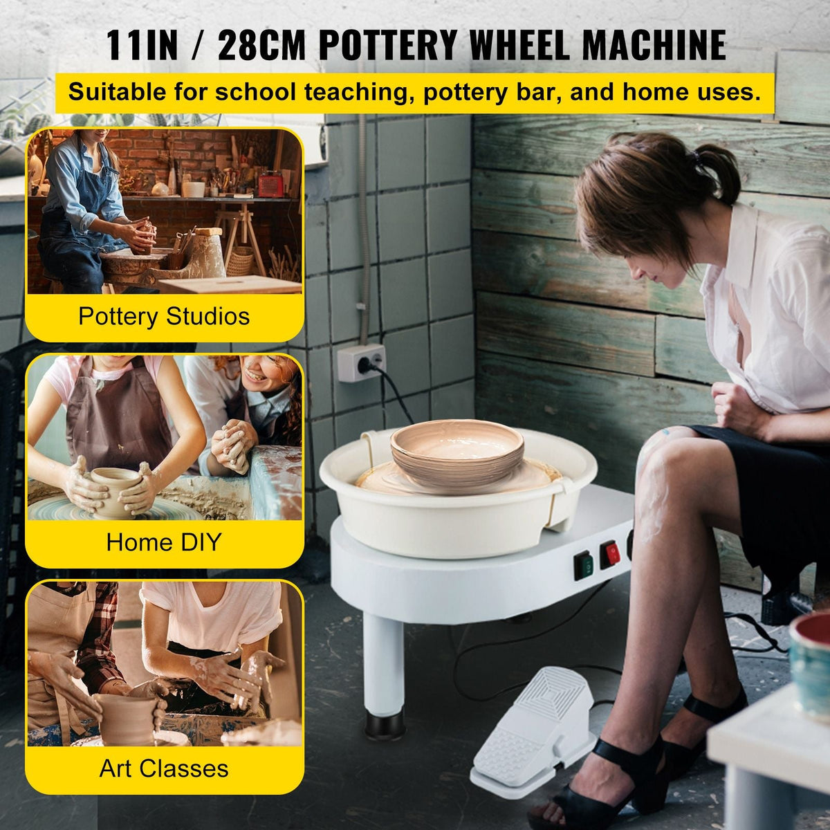 Pottery Wheel, 11in Ceramic Wheel Forming Machine, 0-300RPM Speed Manual Adjustable 0-7.8in Lift Leg, Foot Pedal Detachable Basin, Sculpting Tool Accessory Kit for Work Art Craft DIY