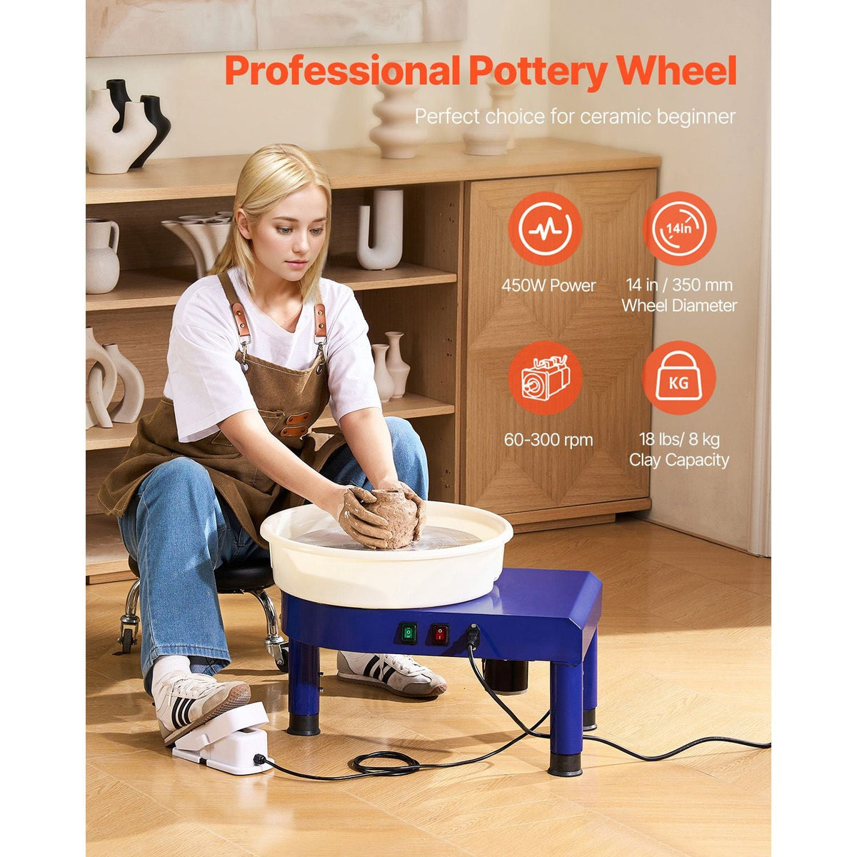 Pottery Wheel, 14 in Ceramic Wheel Forming Machine, 60-300 RPM Adjustable Speed with Foot Pedal Control, Detachable Basin, Adjustable Lift Leg, Complete Accessories for Home Pottery, DIY, Blue