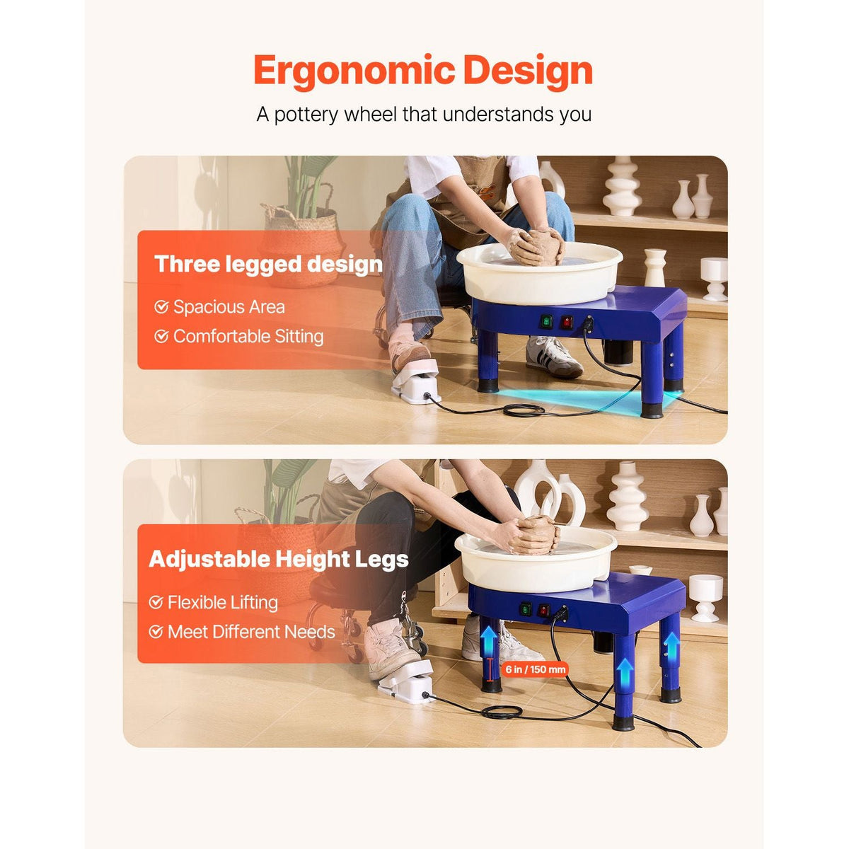 Pottery Wheel, 14 in Ceramic Wheel Forming Machine, 60-300 RPM Adjustable Speed with Foot Pedal Control, Detachable Basin, Adjustable Lift Leg, Complete Accessories for Home Pottery, DIY, Blue
