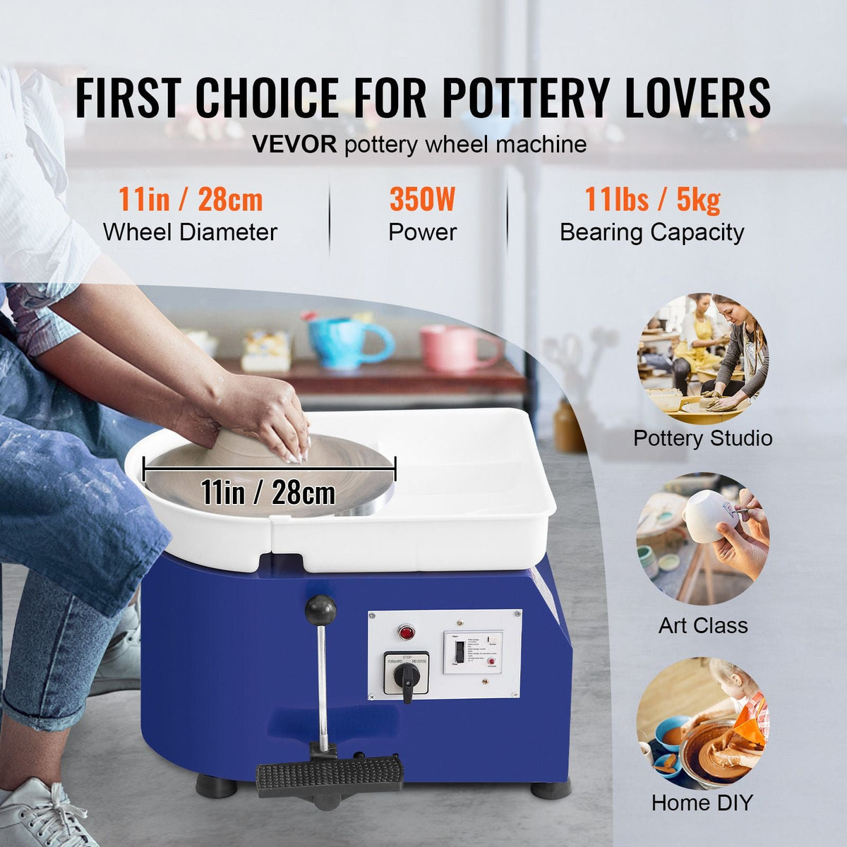 Pottery Wheel, 350W, 11 in Clay Wheel Forming Machine, 60-300 RPM Adjustable Speed with Handle and Pedal Control, ABS Detachable Basin, Accessory Kit for Adults and Beginners Craft DIY, Blue