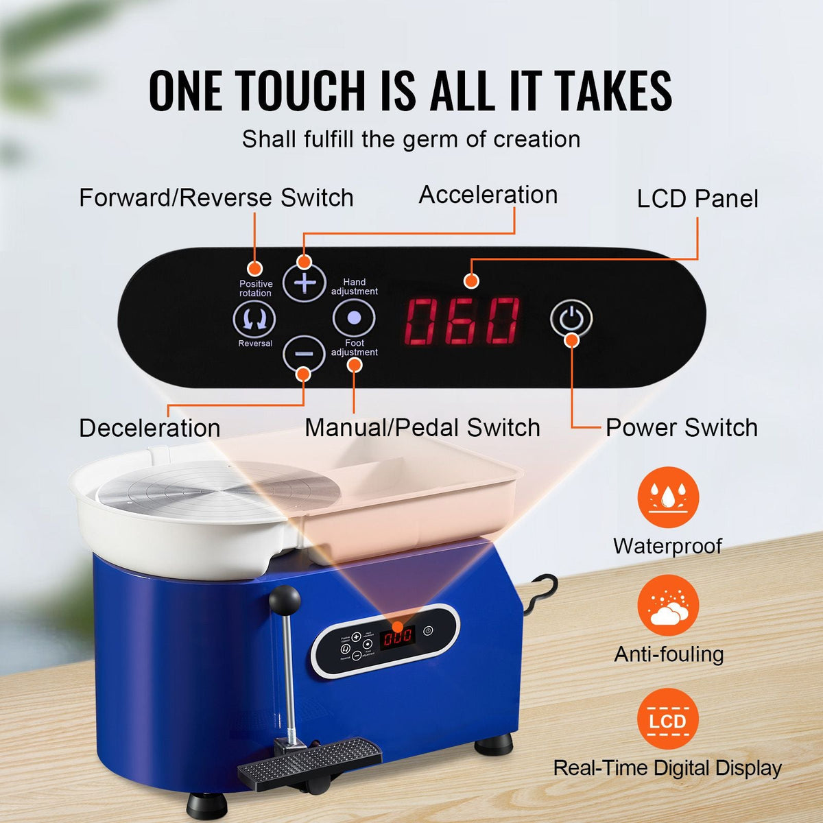 Pottery Wheel, 450W, For Adults and Beginners, 11in Clay Wheel Machine, Adjustable 60-300RPM Speed Handle and Pedal, ABS Detachable Basin, Accessory Kit for Craft DIY, LCD Touch Screen, Blue