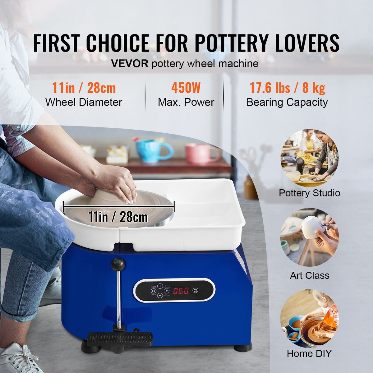 Pottery Wheel, 450W, For Adults and Beginners, 11in Clay Wheel Machine, Adjustable 60-300RPM Speed Handle and Pedal, ABS Detachable Basin, Accessory Kit for Craft DIY, LCD Touch Screen, Blue
