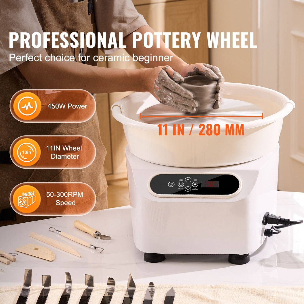 Pottery Wheel, Direct Drive Ceramic Wheel with Shaping Tools for DIY Art Craft, 11 inch Pottery Forming Machine, 450W Electric Wheel for Pottery with Foot Pedal and LCD Touch Screen, White