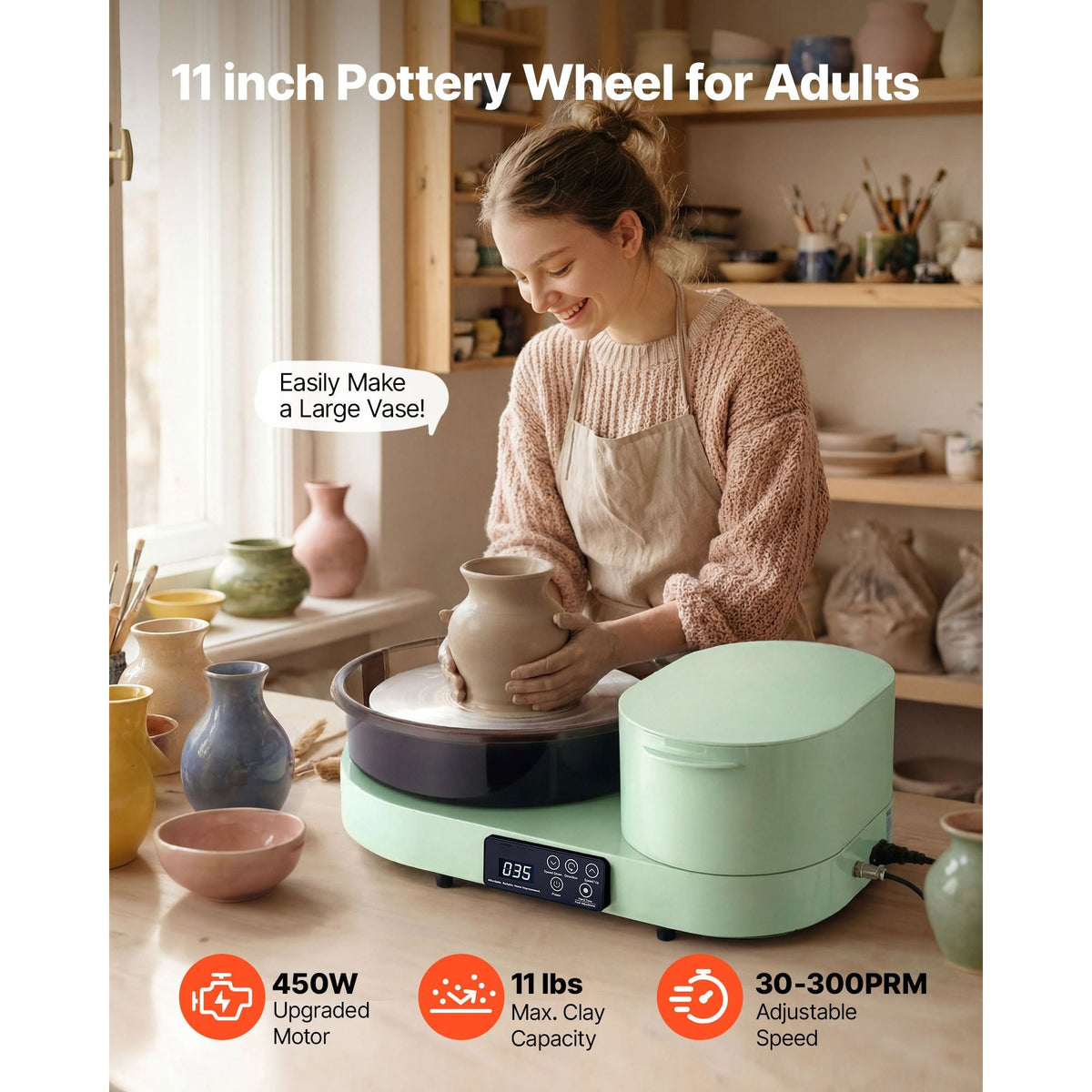 Pottery Wheel for Adults, 11" Aluminum Turntable, 450W Electric Table Top Pottery Wheel with Foot Pedal, 30-300 RPM Adjustable Speed, Aluminum Body, for Beginners, DIY Clay Art Craft, Green