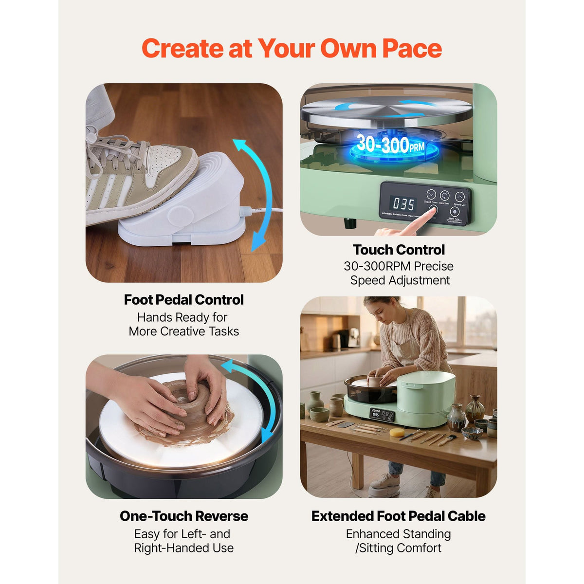 Pottery Wheel for Adults, 11" Aluminum Turntable, 450W Electric Table Top Pottery Wheel with Foot Pedal, 30-300 RPM Adjustable Speed, Aluminum Body, for Beginners, DIY Clay Art Craft, Green