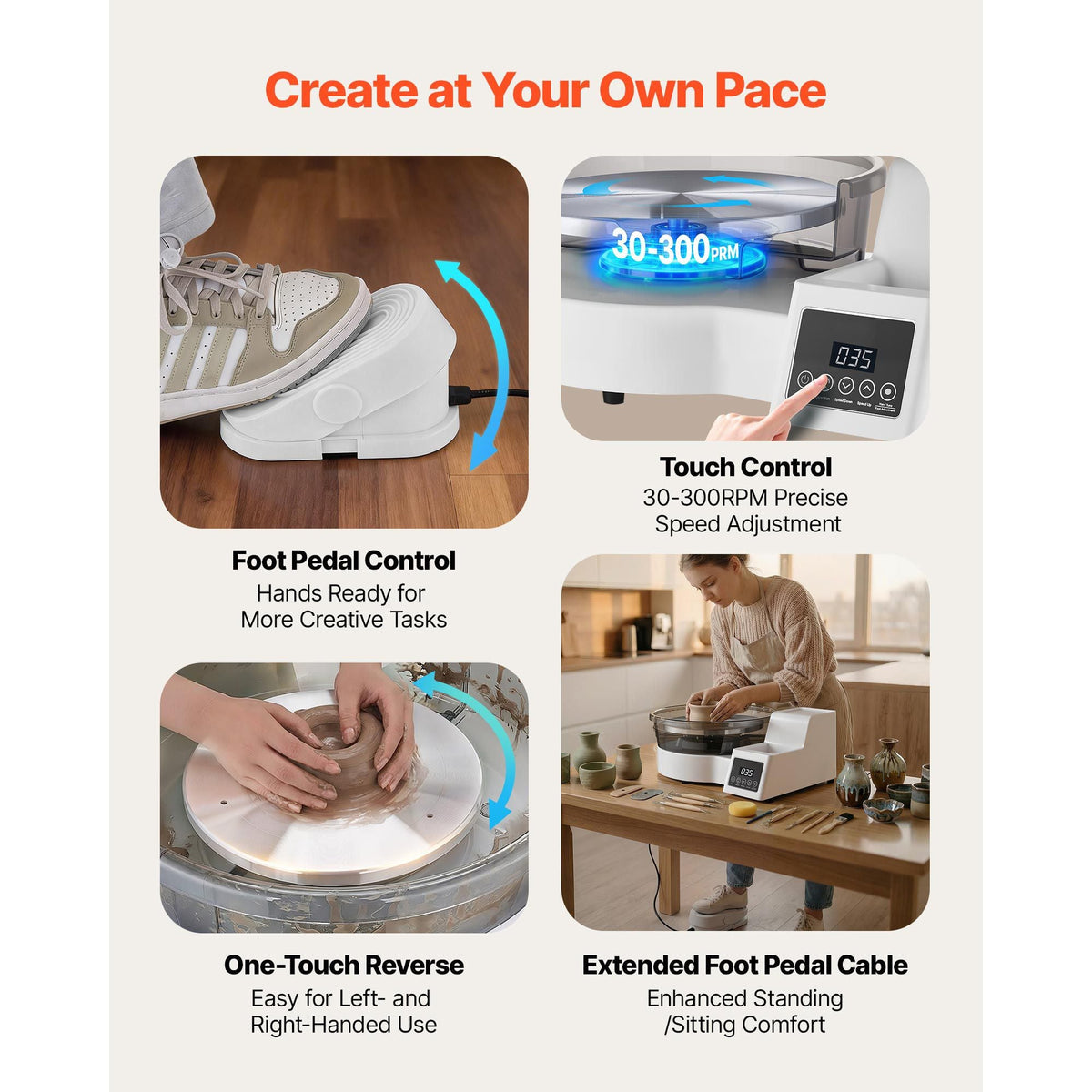 Pottery Wheel for Adults, 11" Aluminum Turntable, 450W Electric Table Top Pottery Wheel with Foot Pedal, 30-300 RPM Adjustable Speed, Detachable Basin, for Beginners, DIY Clay Art Craft, White