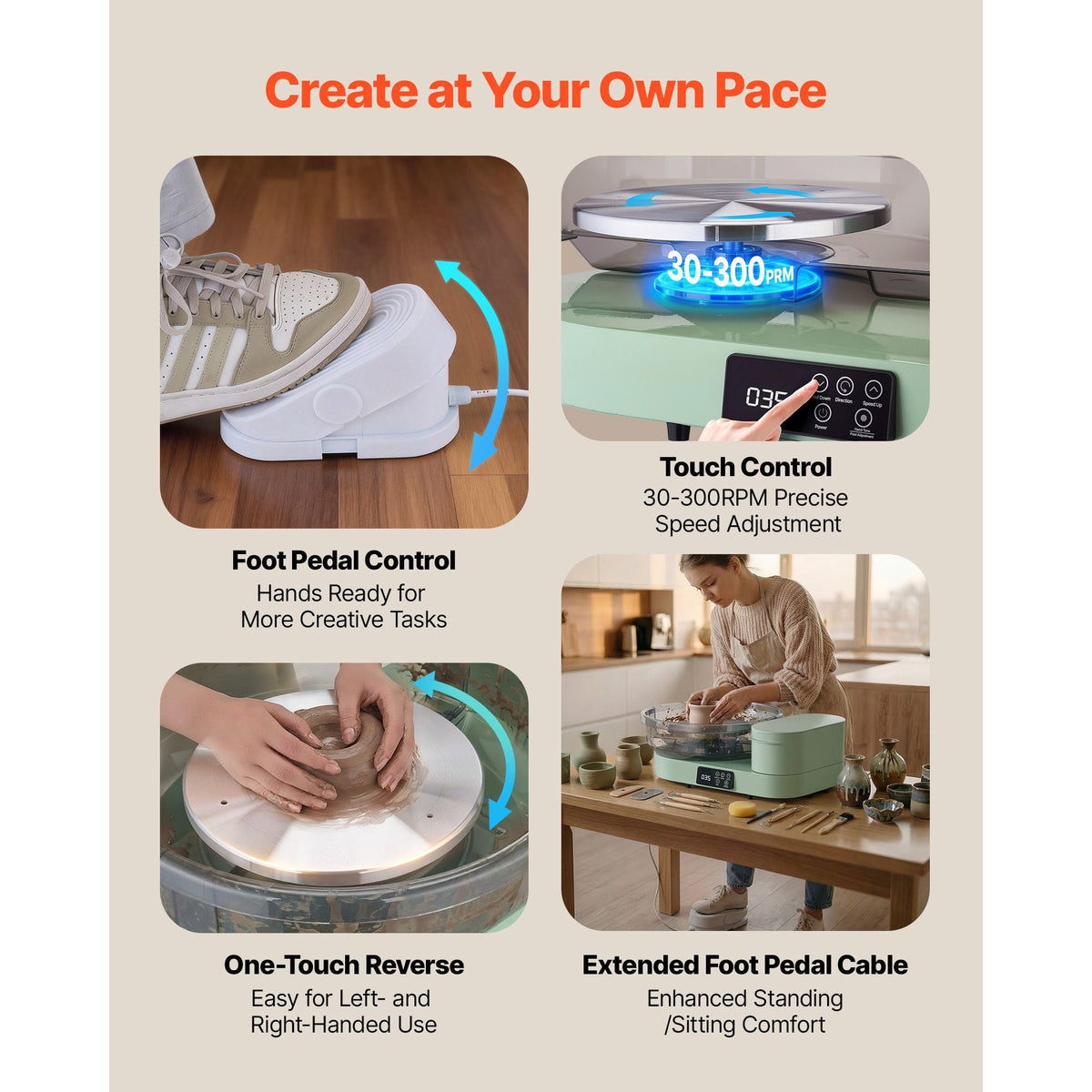 Pottery Wheel for Adults, 14" and 11" Turntables, 450W Electric Table Top Pottery Wheel with Foot Pedal, 30-300 RPM Adjustable Speed, Aluminum Body, for Beginners, DIY Clay Art Craft, Green