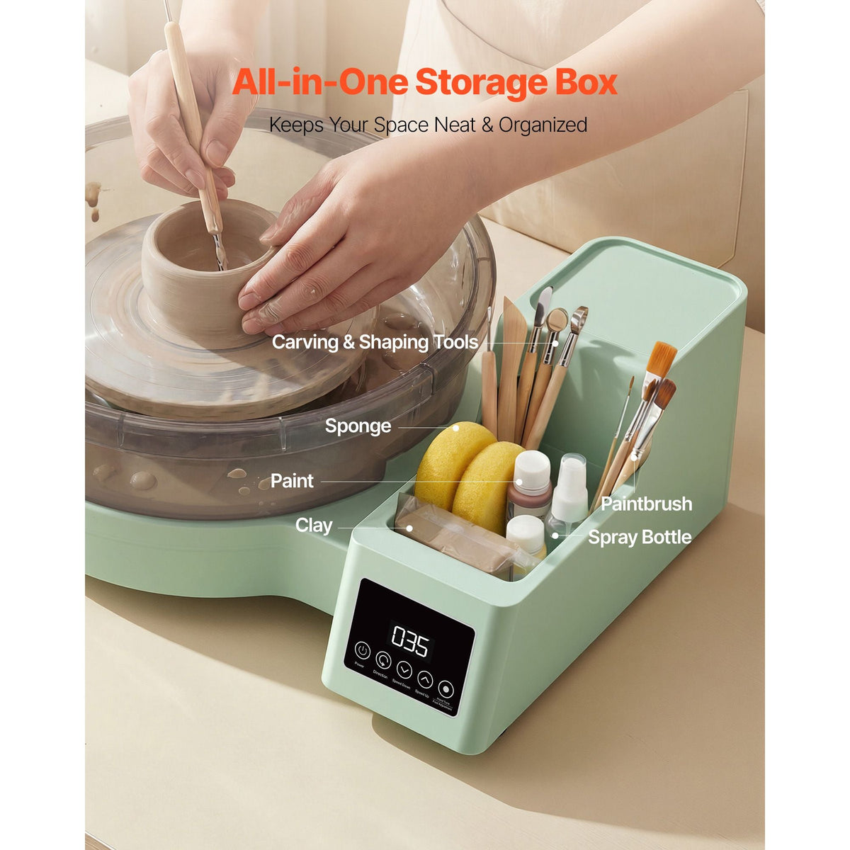 Pottery Wheel for Adults, 14" and 11" Turntables, 450W Electric Table Top Pottery Wheel with Foot Pedal, 30-300 RPM Adjustable Speed, Detachable Basin, for Beginners, DIY Clay Art Craft, Green