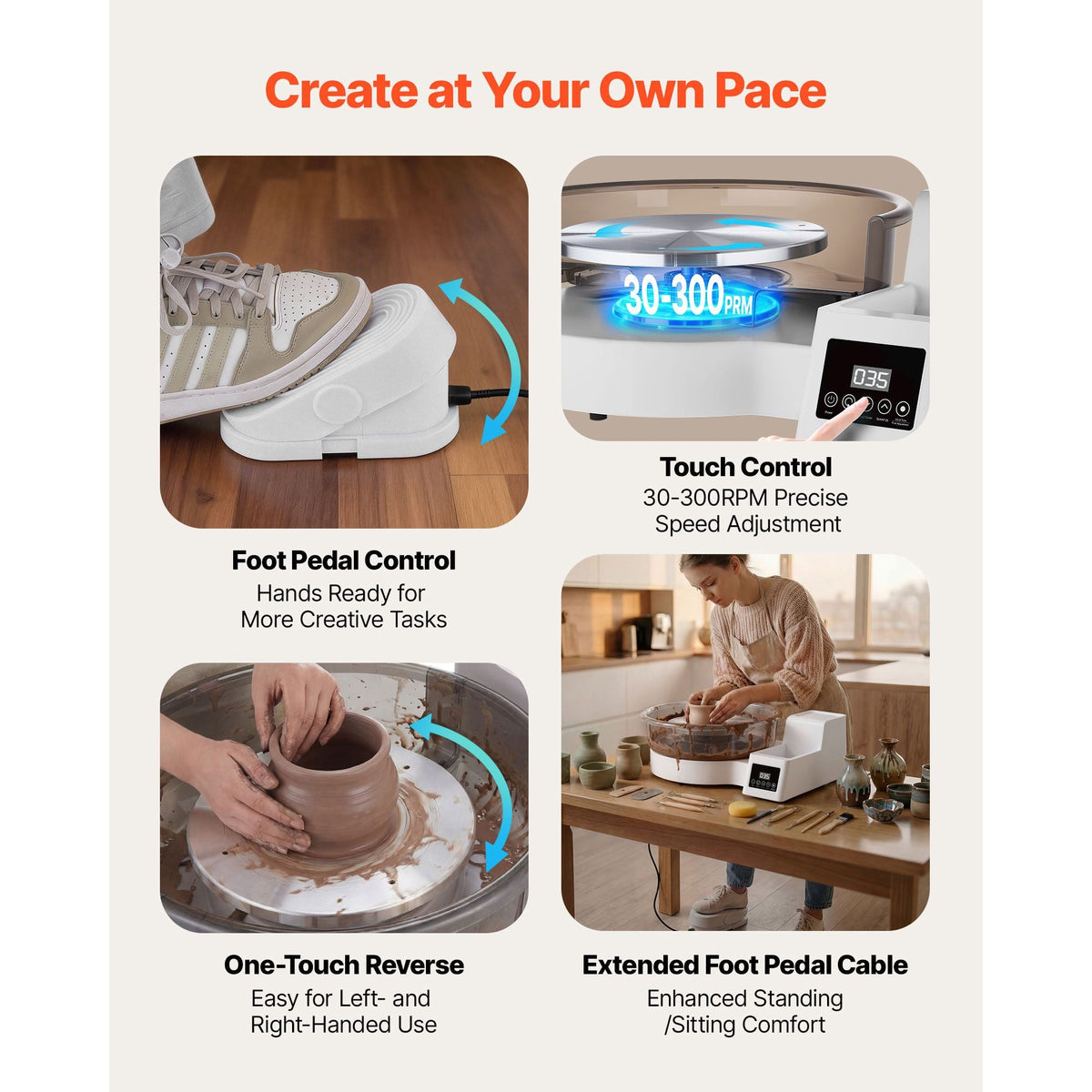 Pottery Wheel for Adults, 14" and 11" Turntables, 450W Electric Table Top Pottery Wheel with Foot Pedal, 30-300 RPM Adjustable Speed, Detachable Basin, for Beginners, DIY Clay Art Craft, White