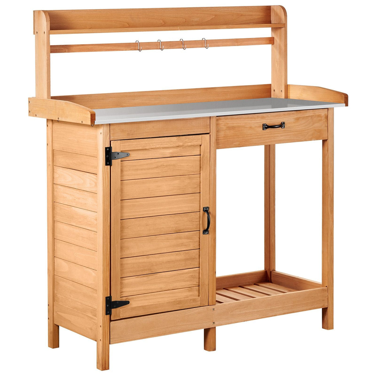 Potting Bench Table, 3-in-1 Outdoor Gardening Wooden Workstation with 44 x 19 in Galvanized Iron Tabletop, Garden Work Station with Drawer, Storage Cabinet & Shelves, Hooks for Patio, Backyard