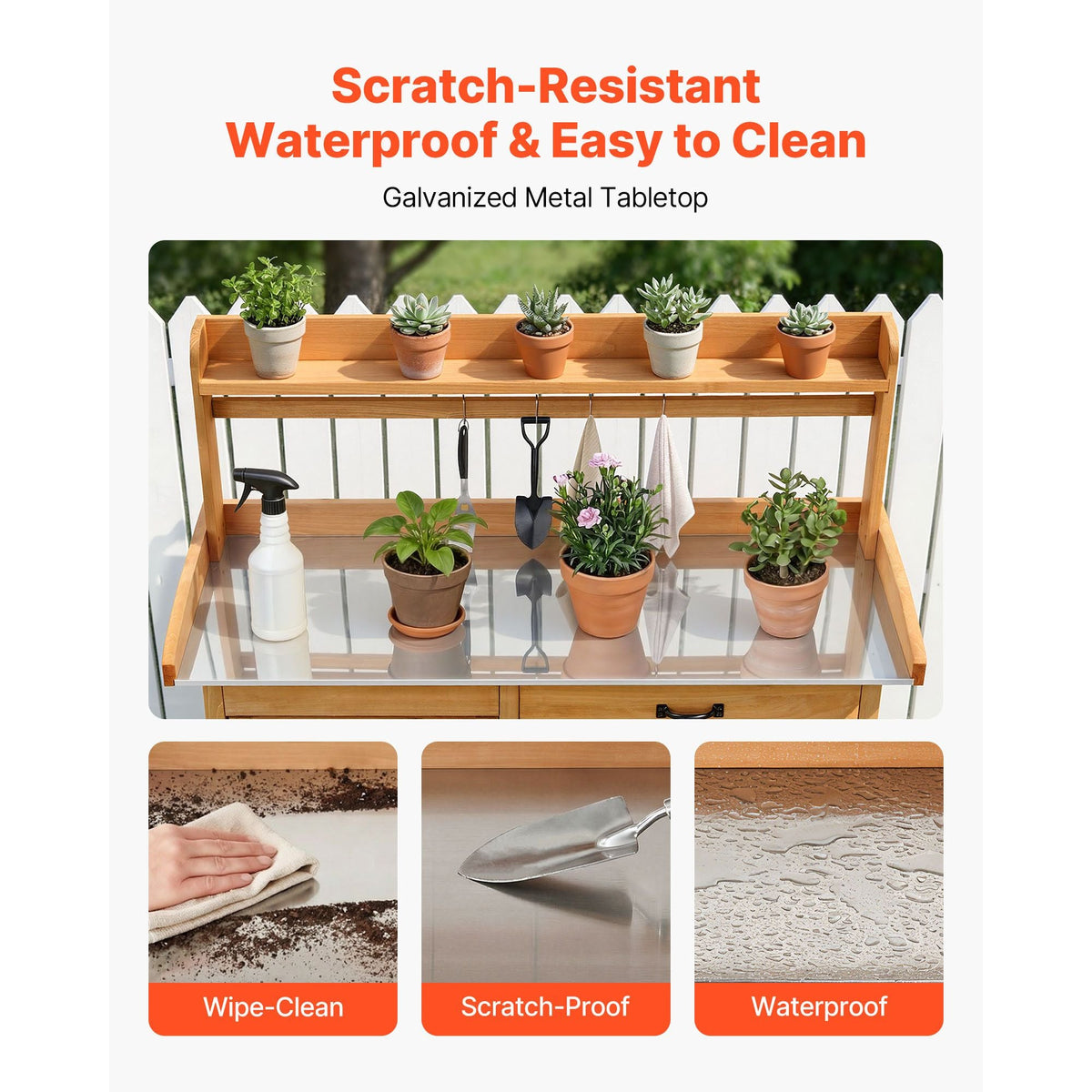Potting Bench Table, 3-in-1 Outdoor Gardening Wooden Workstation with 44 x 19 in Galvanized Iron Tabletop, Garden Work Station with Drawer, Storage Cabinet & Shelves, Hooks for Patio, Backyard