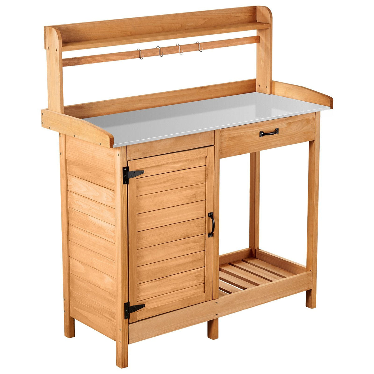 Potting Bench Table, 3-in-1 Outdoor Gardening Wooden Workstation with 44 x 19 in Galvanized Iron Tabletop, Garden Work Station with Drawer, Storage Cabinet & Shelves, Hooks for Patio, Backyard