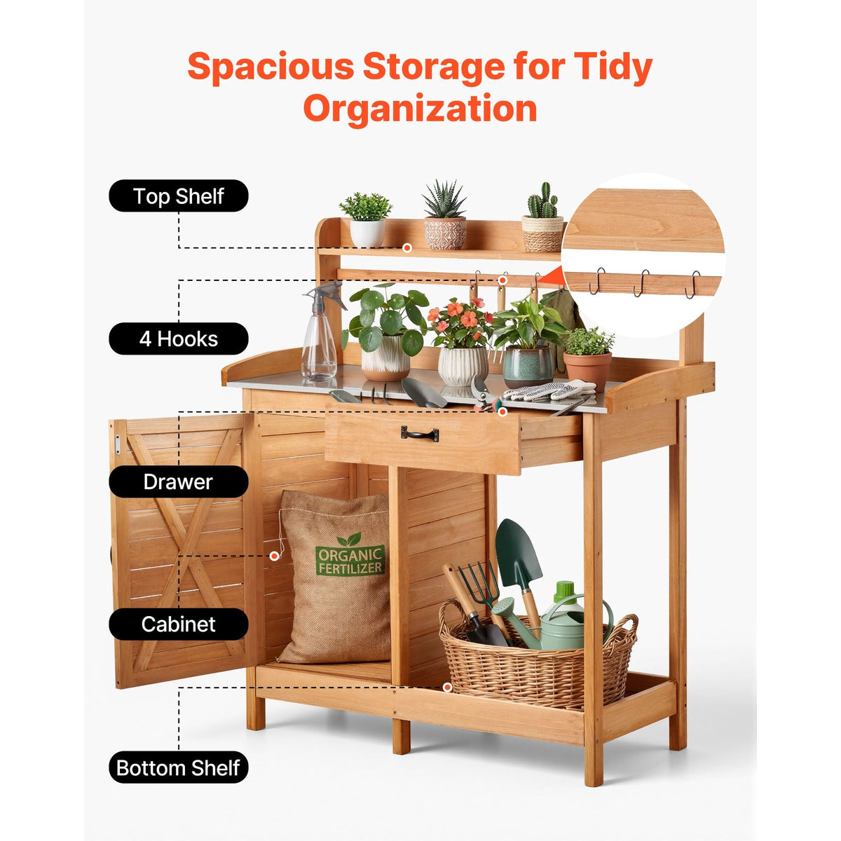 Potting Bench Table, 3-in-1 Outdoor Gardening Wooden Workstation with 44 x 19 in Galvanized Iron Tabletop, Garden Work Station with Drawer, Storage Cabinet & Shelves, Hooks for Patio, Backyard