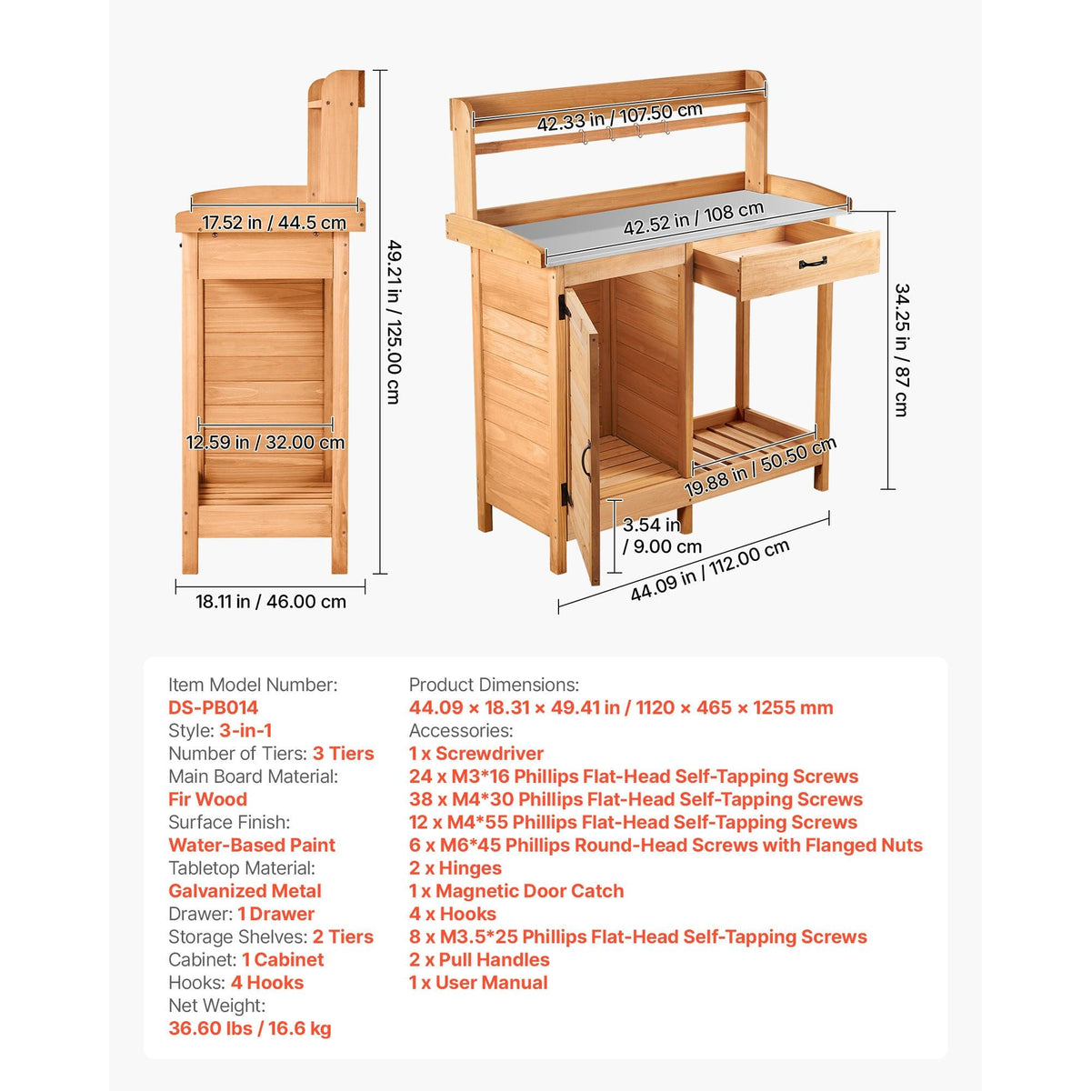 Potting Bench Table, 3-in-1 Outdoor Gardening Wooden Workstation with 44 x 19 in Galvanized Iron Tabletop, Garden Work Station with Drawer, Storage Cabinet & Shelves, Hooks for Patio, Backyard