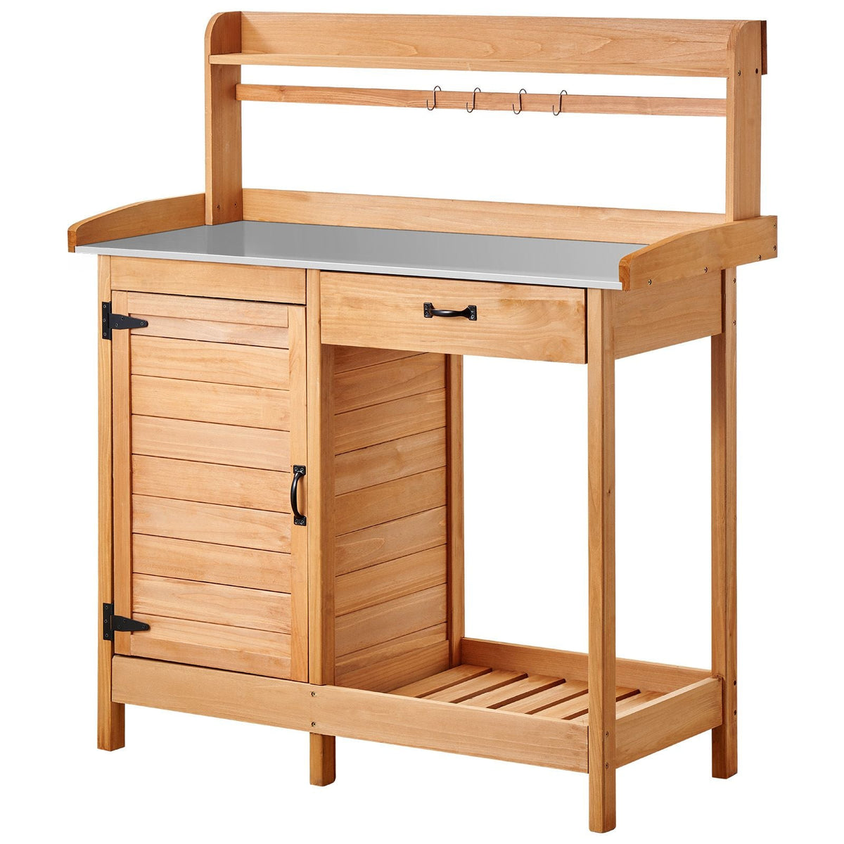 Potting Bench Table, 3-in-1 Outdoor Gardening Wooden Workstation with 44 x 19 in Galvanized Iron Tabletop, Garden Work Station with Drawer, Storage Cabinet & Shelves, Hooks for Patio, Backyard