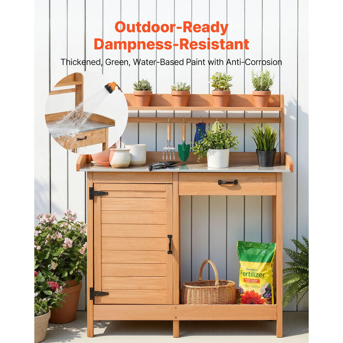 Potting Bench Table, 3-in-1 Outdoor Gardening Wooden Workstation with 44 x 19 in Galvanized Iron Tabletop, Garden Work Station with Drawer, Storage Cabinet & Shelves, Hooks for Patio, Backyard