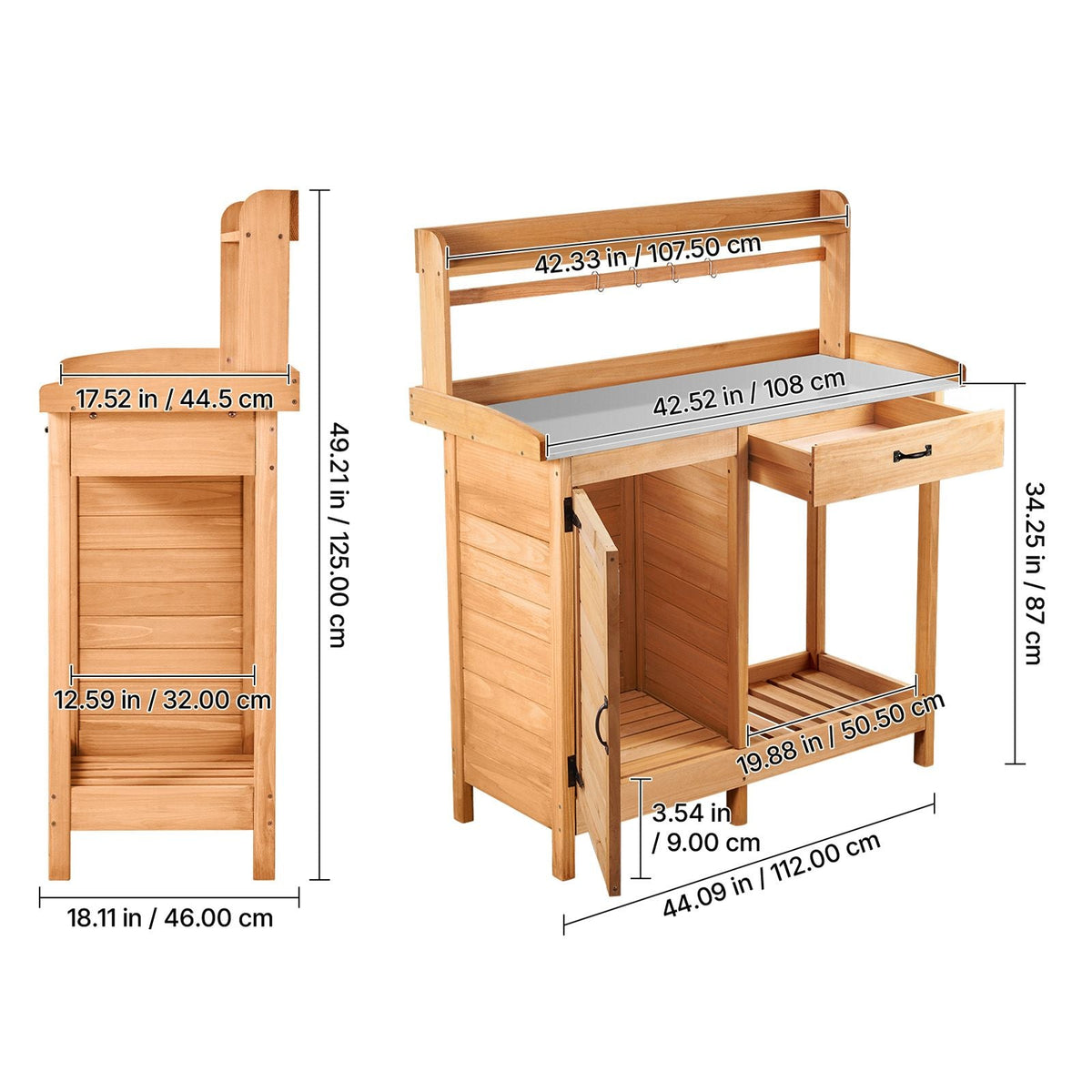 Potting Bench Table, 3-in-1 Outdoor Gardening Wooden Workstation with 44 x 19 in Galvanized Iron Tabletop, Garden Work Station with Drawer, Storage Cabinet & Shelves, Hooks for Patio, Backyard