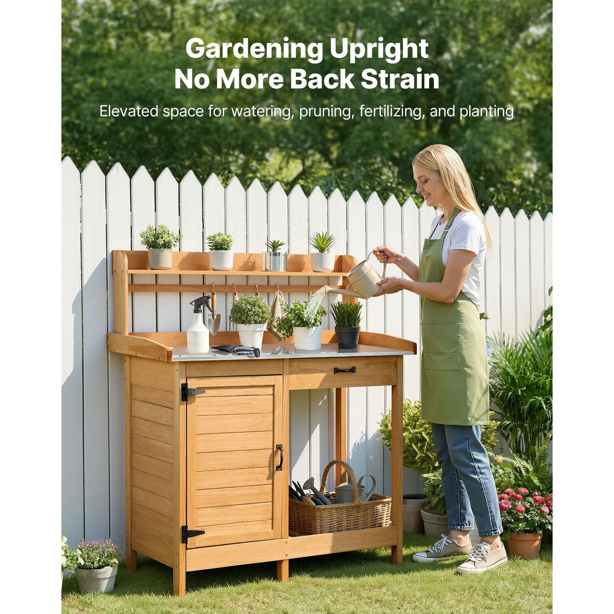 Potting Bench Table, 3-in-1 Outdoor Gardening Wooden Workstation with 44 x 19 in Galvanized Iron Tabletop, Garden Work Station with Drawer, Storage Cabinet & Shelves, Hooks for Patio, Backyard