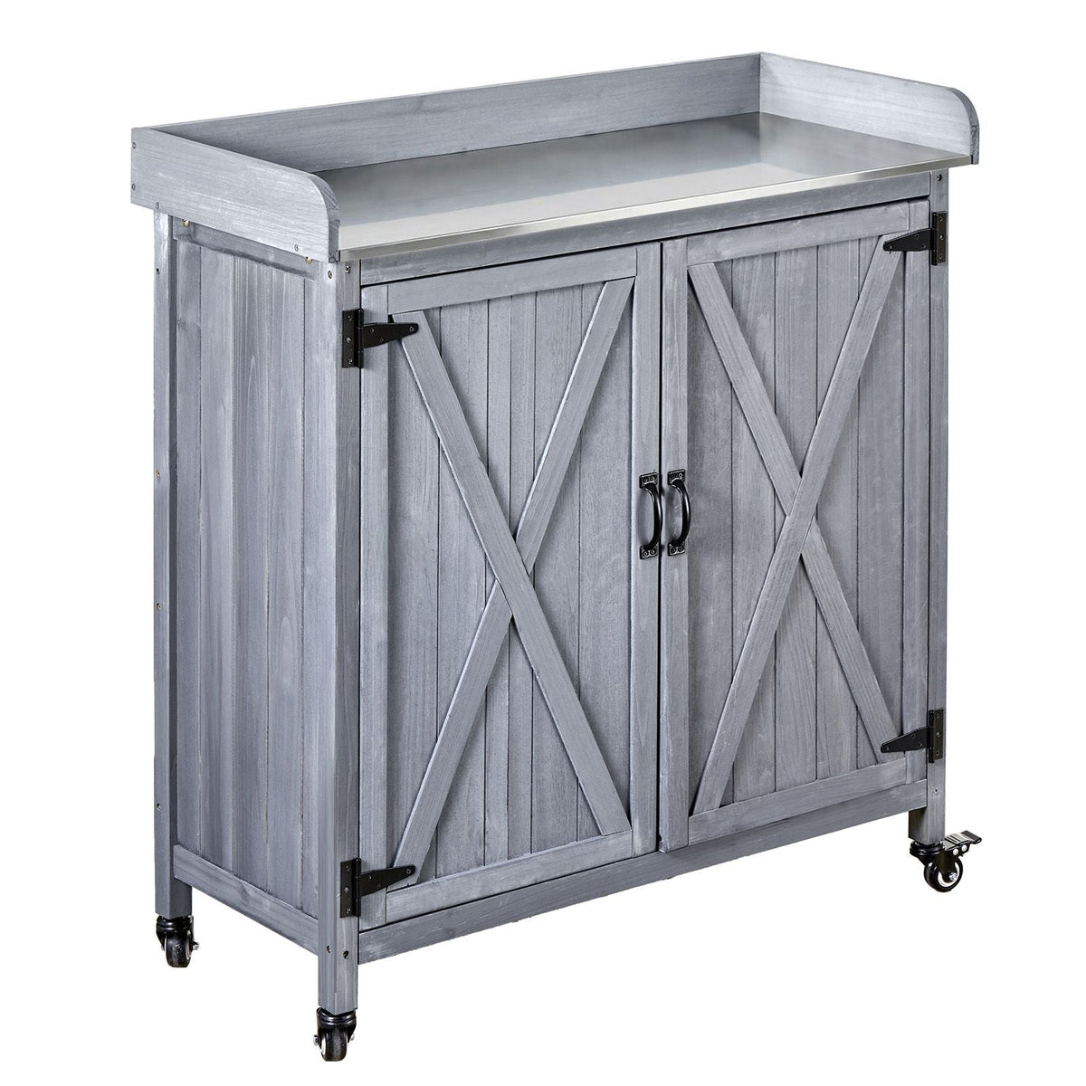 Potting Bench Table, Outdoor Gardening Wooden Storage Cabinet with 36 x 16 in Galvanized Iron Tabletop, Garden Planting Workstation with Large Storage Space, 4 Casters for Patio, Backyard, Gray