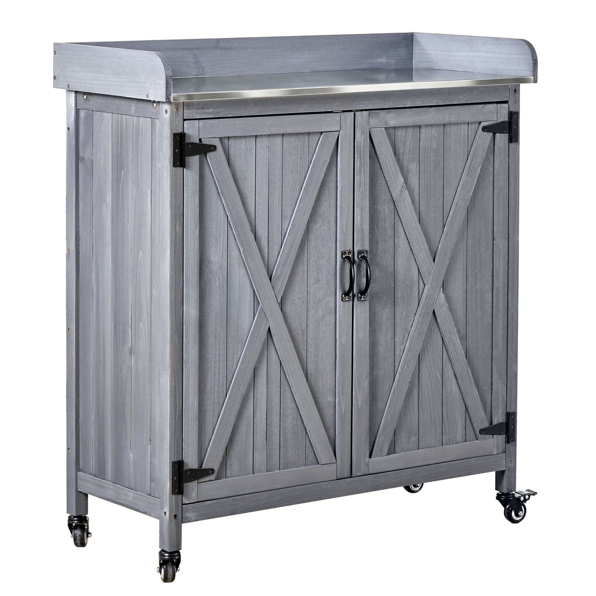 Potting Bench Table, Outdoor Gardening Wooden Storage Cabinet with 36 x 16 in Galvanized Iron Tabletop, Garden Planting Workstation with Large Storage Space, 4 Casters for Patio, Backyard, Gray