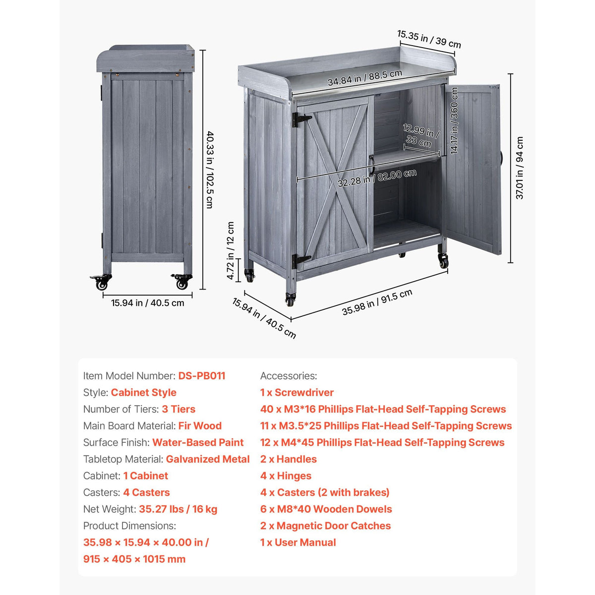Potting Bench Table, Outdoor Gardening Wooden Storage Cabinet with 36 x 16 in Galvanized Iron Tabletop, Garden Planting Workstation with Large Storage Space, 4 Casters for Patio, Backyard, Gray
