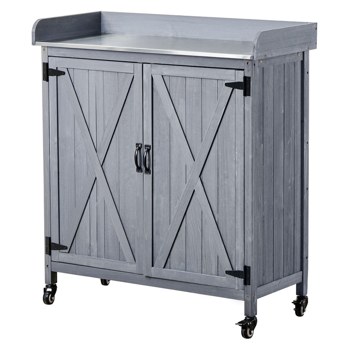 Potting Bench Table, Outdoor Gardening Wooden Storage Cabinet with 36 x 16 in Galvanized Iron Tabletop, Garden Planting Workstation with Large Storage Space, 4 Casters for Patio, Backyard, Gray