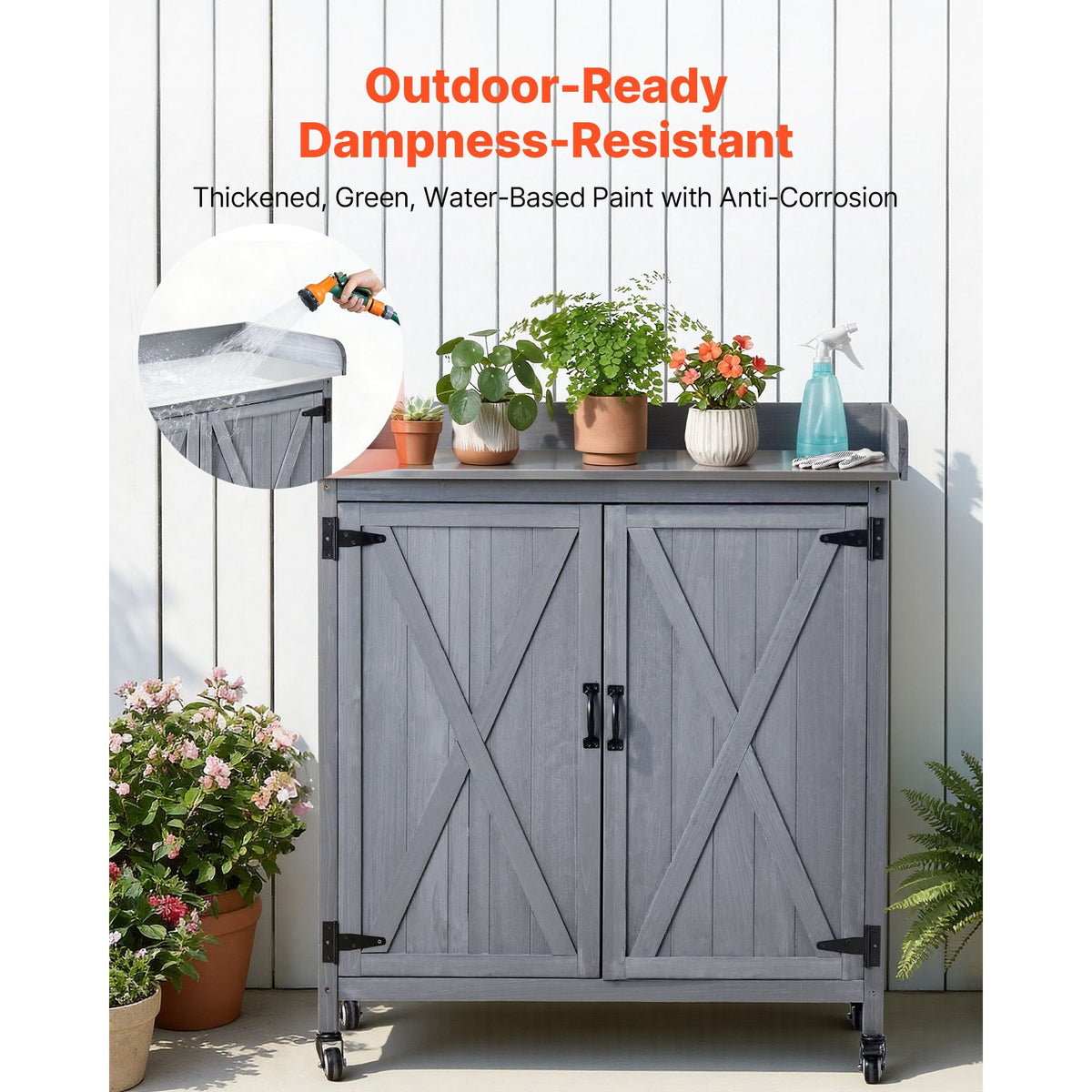 Potting Bench Table, Outdoor Gardening Wooden Storage Cabinet with 36 x 16 in Galvanized Iron Tabletop, Garden Planting Workstation with Large Storage Space, 4 Casters for Patio, Backyard, Gray