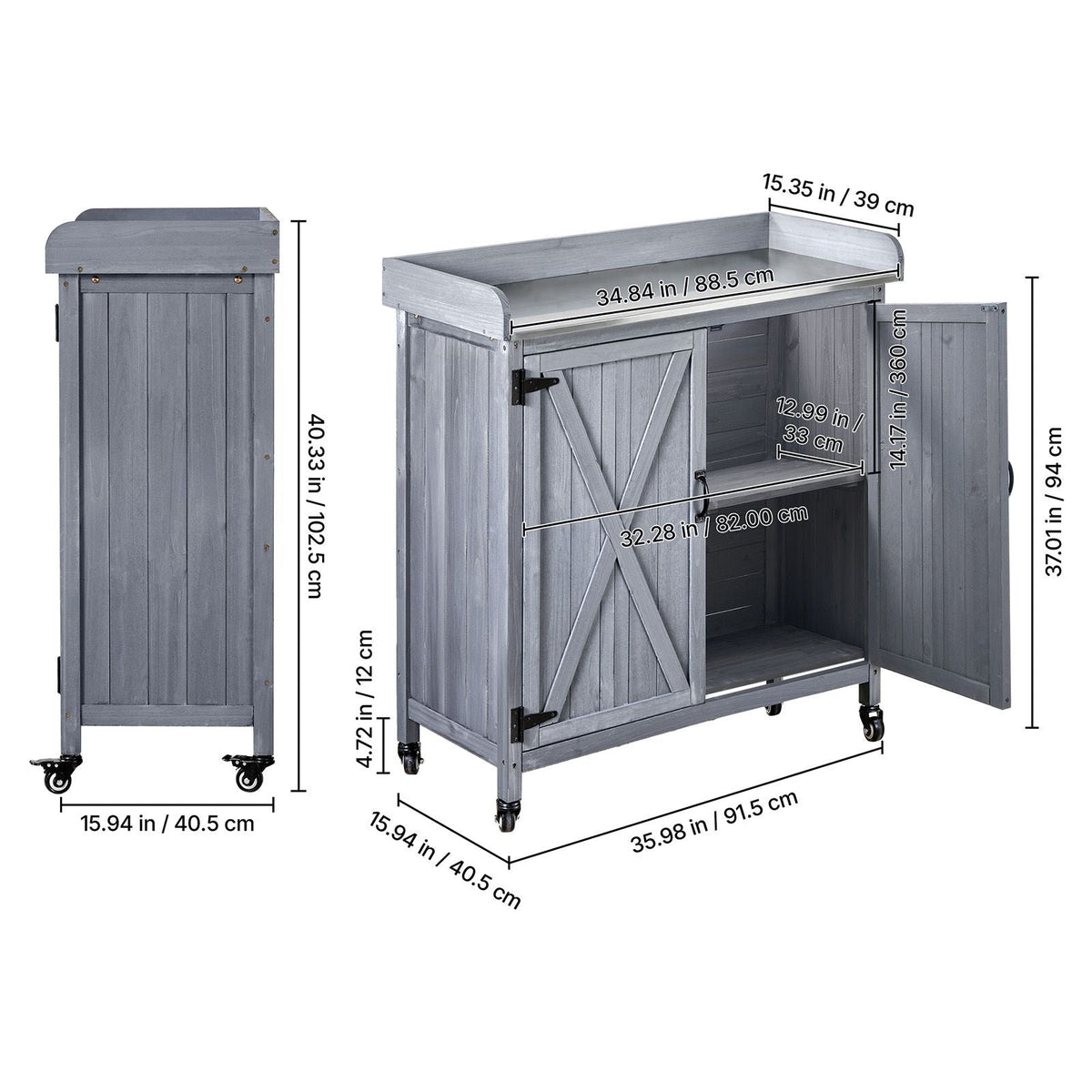 Potting Bench Table, Outdoor Gardening Wooden Storage Cabinet with 36 x 16 in Galvanized Iron Tabletop, Garden Planting Workstation with Large Storage Space, 4 Casters for Patio, Backyard, Gray