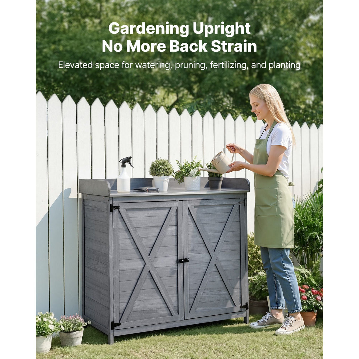 Potting Bench Table, Outdoor Gardening Wooden Storage Cabinet with 39 x 19 in Wood Tabletop, Garden Planting Workstation with Large Storage Space for Patio, Backyard, Gray