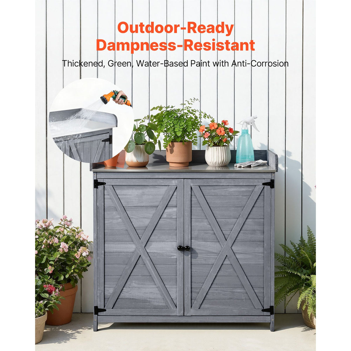 Potting Bench Table, Outdoor Gardening Wooden Storage Cabinet with 39 x 19 in Wood Tabletop, Garden Planting Workstation with Large Storage Space for Patio, Backyard, Gray