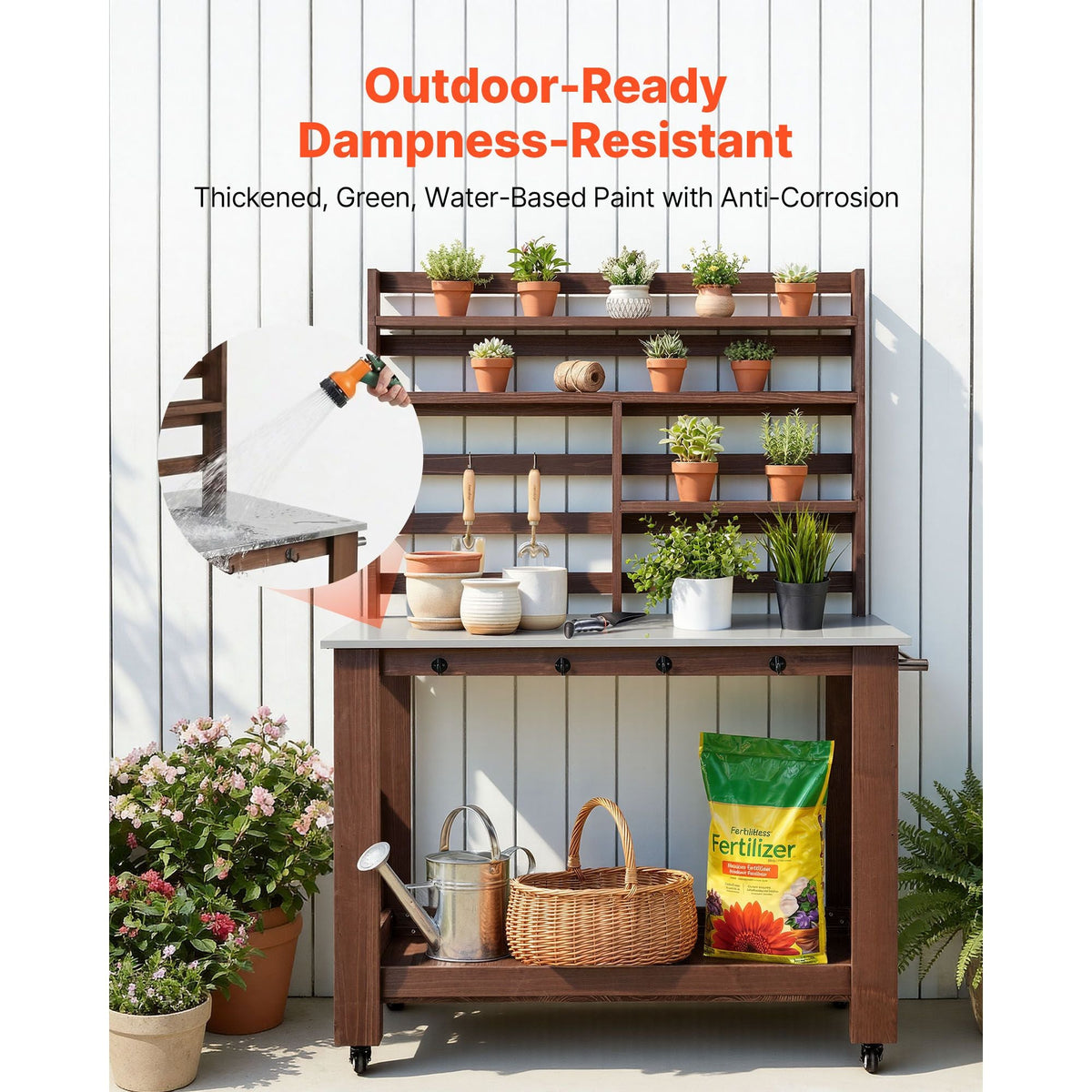 Potting Bench Table, Outdoor Gardening Workstation with 45 x 26 in Stainless Steel Tabletop, Storage Shelves, 4 Casters, Hooks, Garden Planting Work Station for Outside Patio, Backyard, Brown