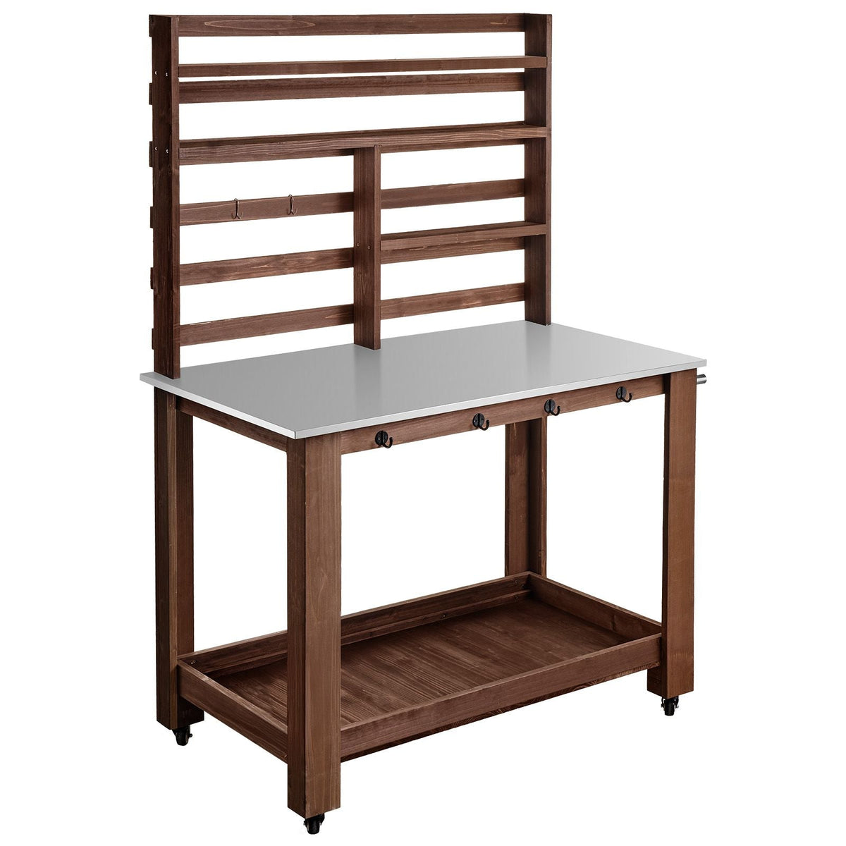 Potting Bench Table, Outdoor Gardening Workstation with 45 x 26 in Stainless Steel Tabletop, Storage Shelves, 4 Casters, Hooks, Garden Planting Work Station for Outside Patio, Backyard, Brown