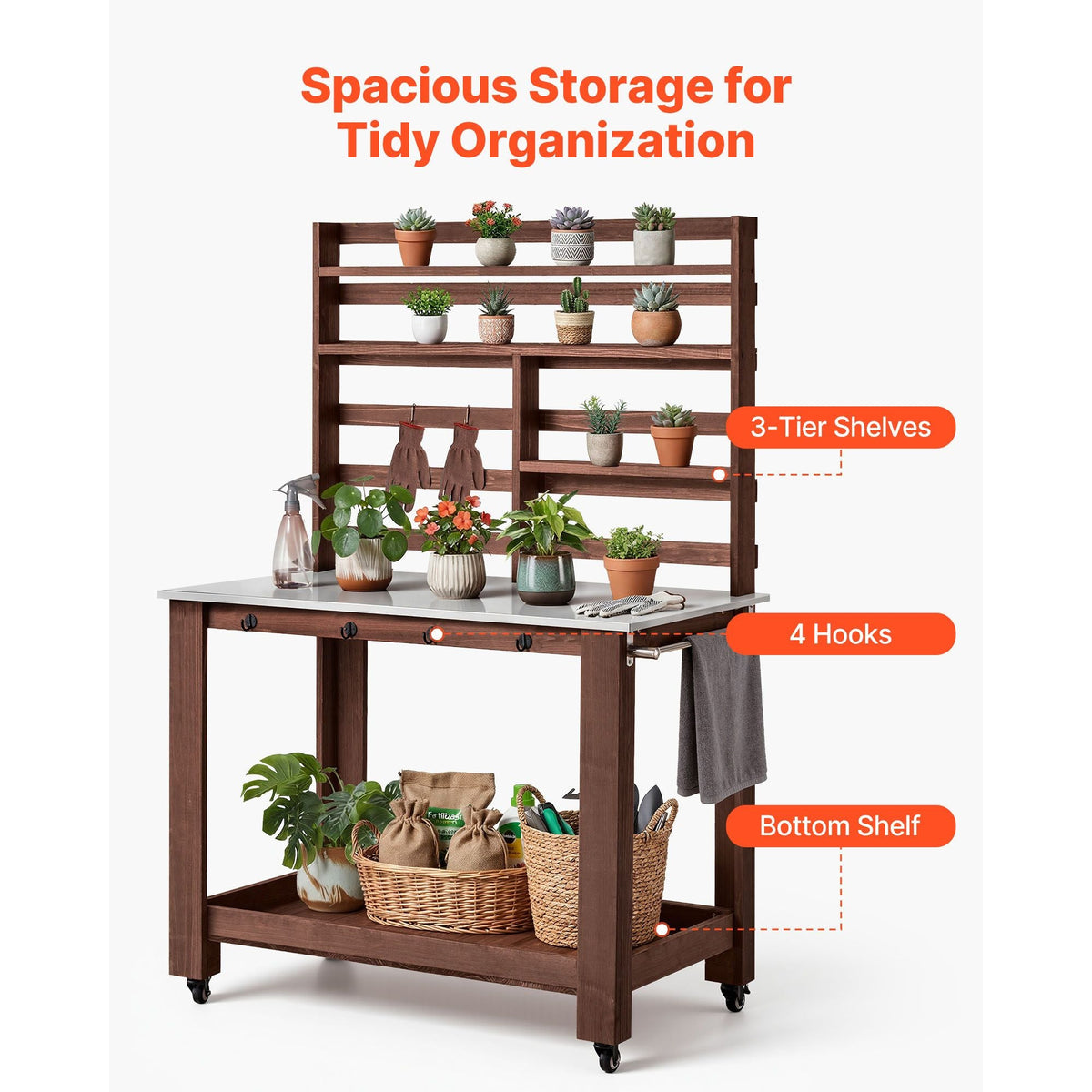 Potting Bench Table, Outdoor Gardening Workstation with 45 x 26 in Stainless Steel Tabletop, Storage Shelves, 4 Casters, Hooks, Garden Planting Work Station for Outside Patio, Backyard, Brown