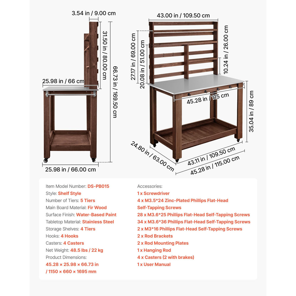 Potting Bench Table, Outdoor Gardening Workstation with 45 x 26 in Stainless Steel Tabletop, Storage Shelves, 4 Casters, Hooks, Garden Planting Work Station for Outside Patio, Backyard, Brown