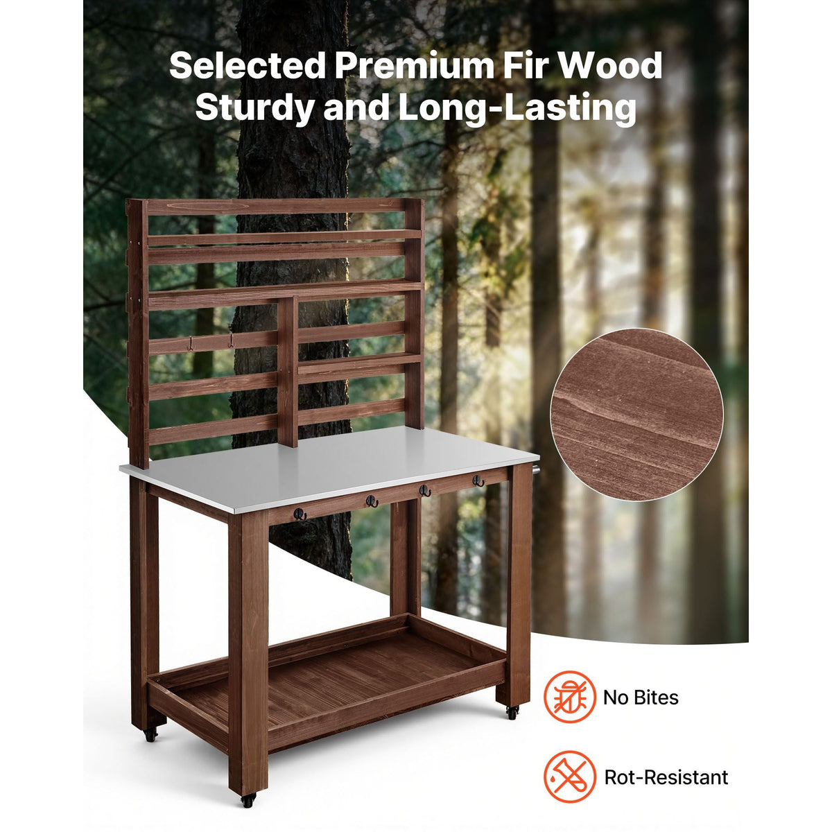 Potting Bench Table, Outdoor Gardening Workstation with 45 x 26 in Stainless Steel Tabletop, Storage Shelves, 4 Casters, Hooks, Garden Planting Work Station for Outside Patio, Backyard, Brown