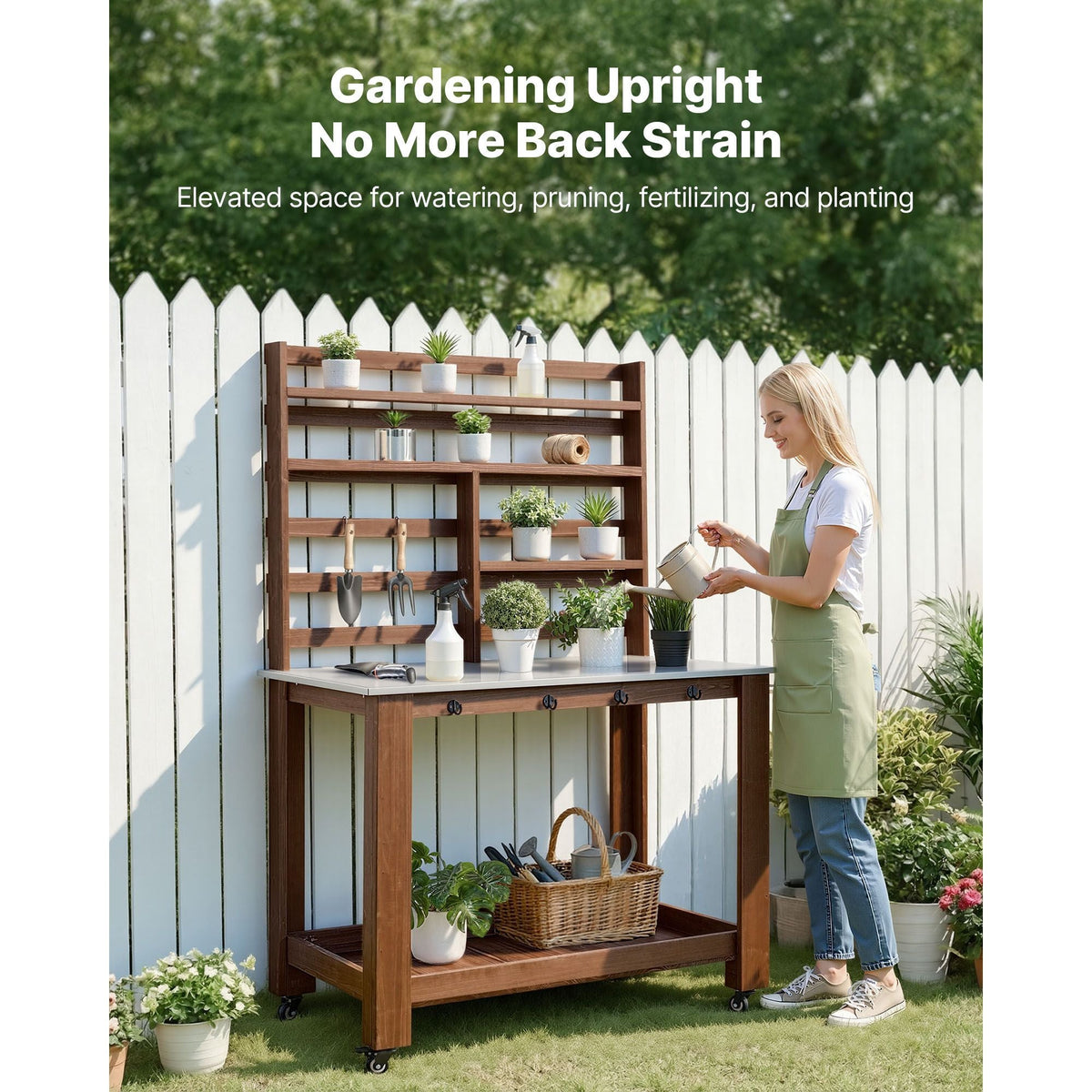 Potting Bench Table, Outdoor Gardening Workstation with 45 x 26 in Stainless Steel Tabletop, Storage Shelves, 4 Casters, Hooks, Garden Planting Work Station for Outside Patio, Backyard, Brown