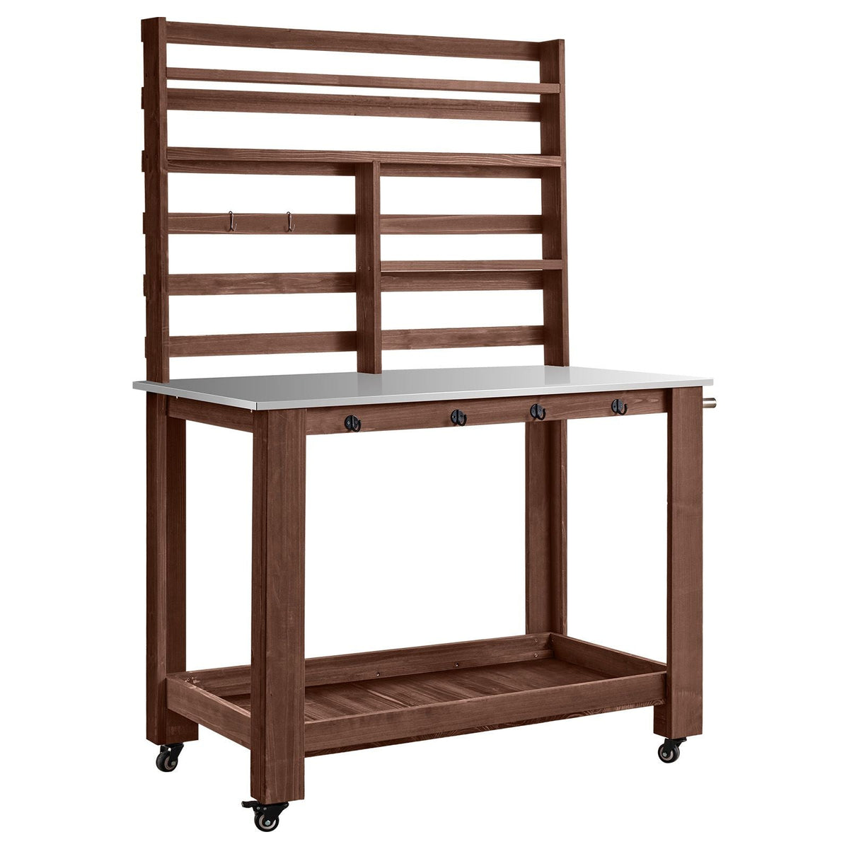 Potting Bench Table, Outdoor Gardening Workstation with 45 x 26 in Stainless Steel Tabletop, Storage Shelves, 4 Casters, Hooks, Garden Planting Work Station for Outside Patio, Backyard, Brown